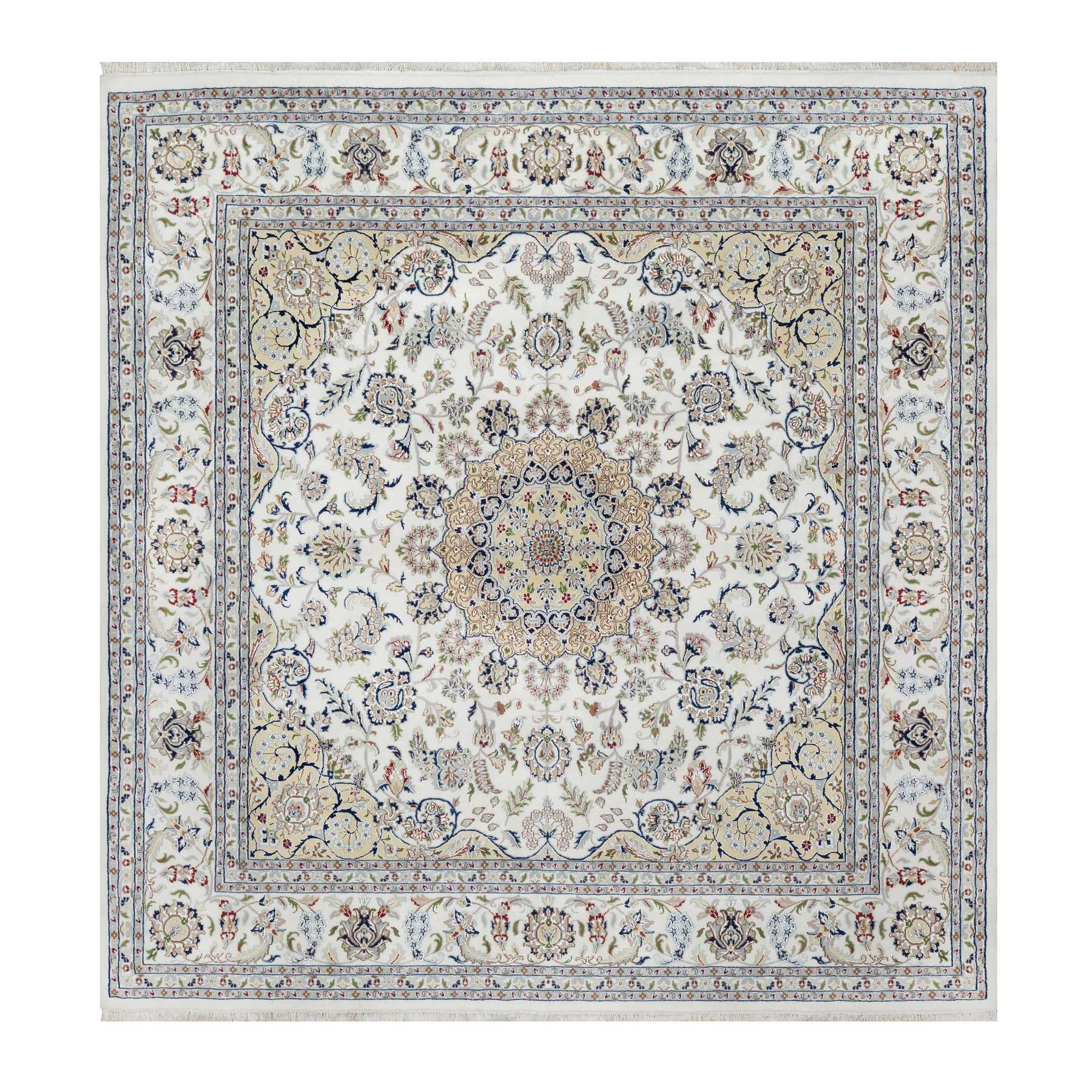 10'2"x10'2" Snow White, 250 KPSI, Hand Knotted, Nain with Flower Medallion Design, Wool and Silk, Square, Oriental Rug HR91059
