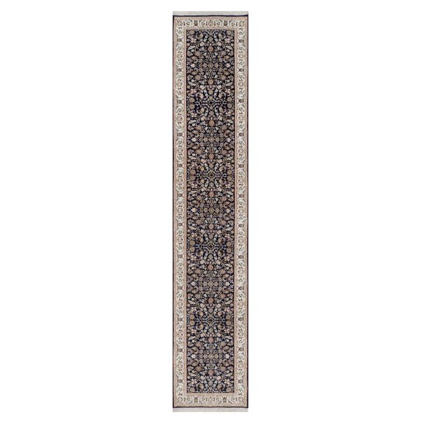2'6"x13'3" Midnight Blue, Nain with All Over Flower Design, Wool and Silk, 250 KPSI, Hand Knotted, Runner, Oriental Rug HR91076
