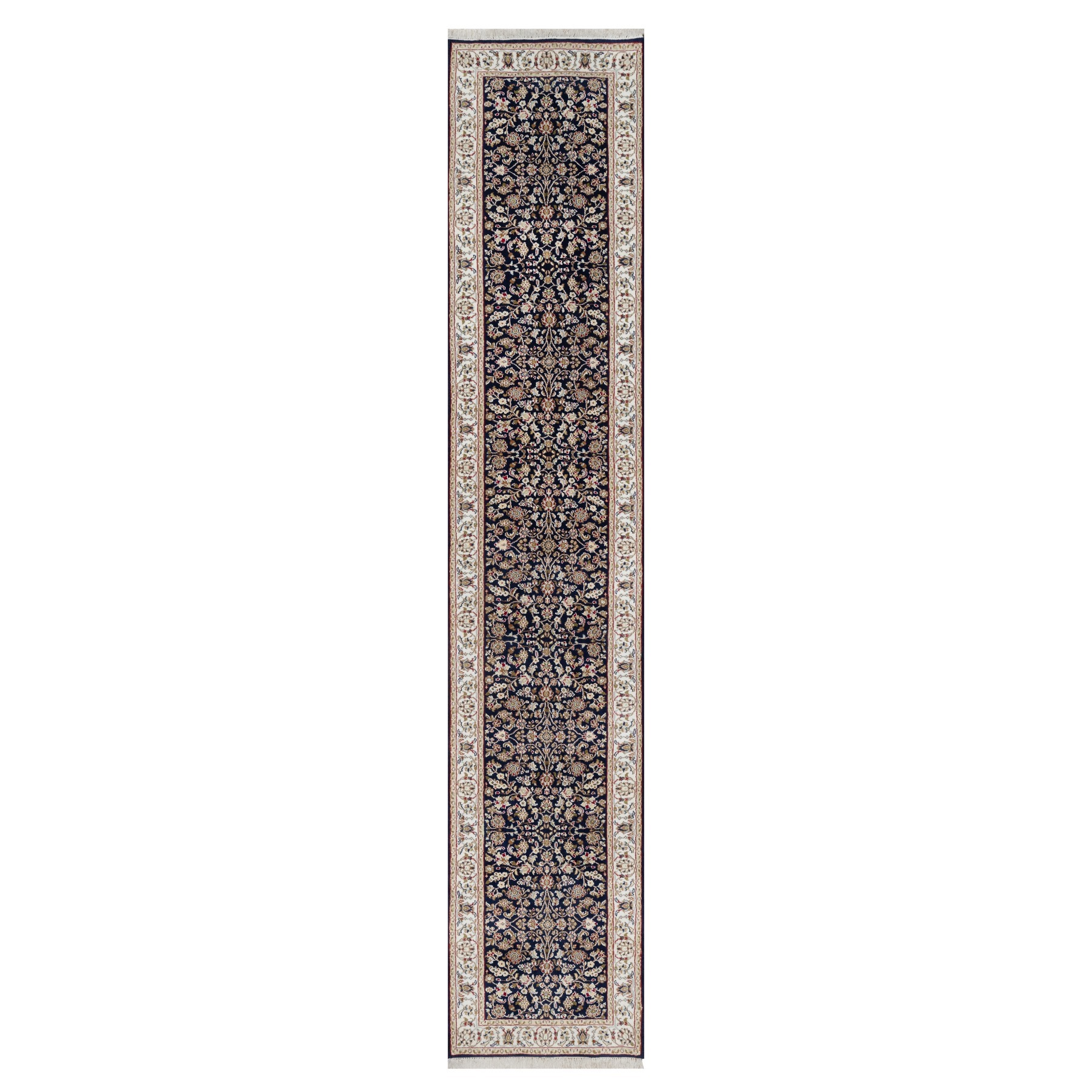 2'6"x13'3" Midnight Blue, Nain with All Over Flower Design, Wool and Silk, 250 KPSI, Hand Knotted, Runner, Oriental Rug HR91076