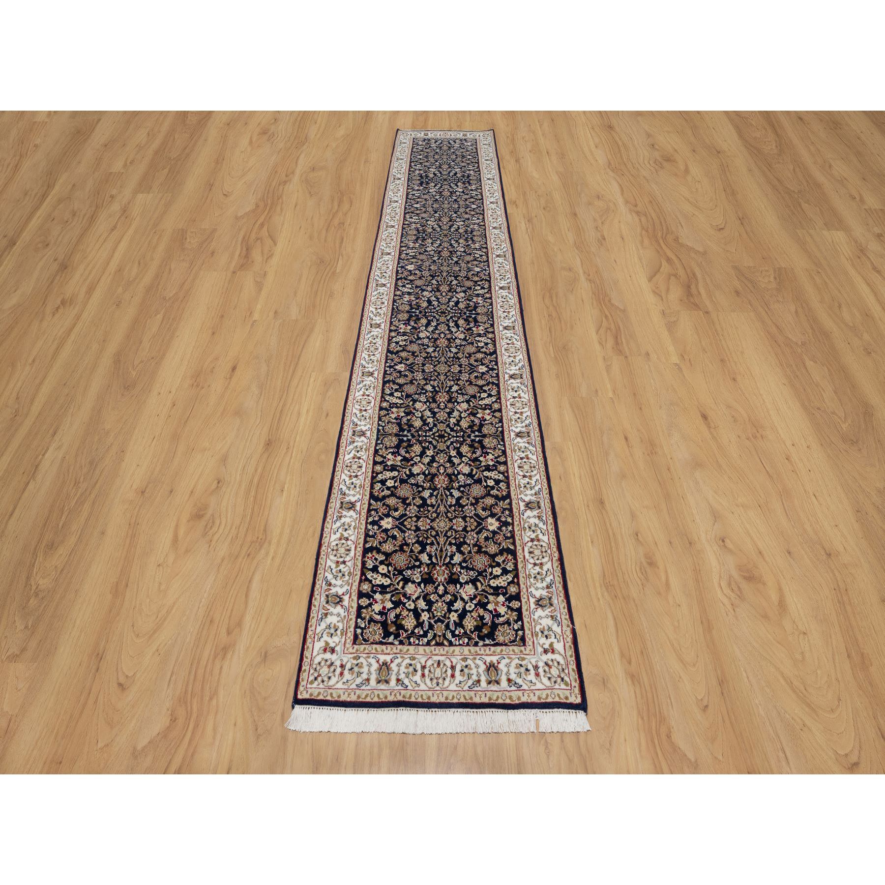 2'6"x13'3" Midnight Blue, Nain with All Over Flower Design, Wool and Silk, 250 KPSI, Hand Knotted, Runner, Oriental Rug HR91076 - Image 2