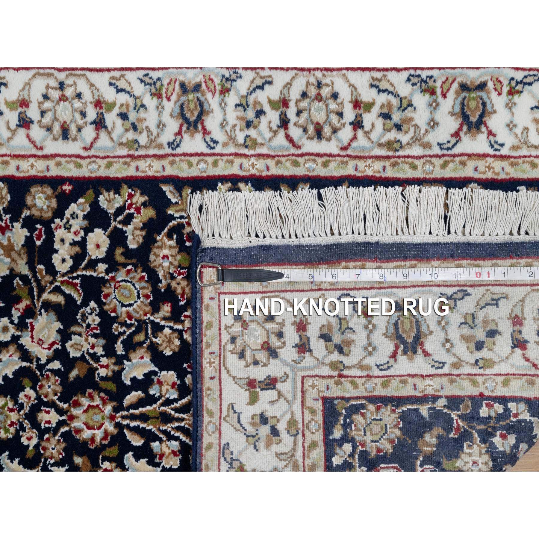 2'6"x13'3" Midnight Blue, Nain with All Over Flower Design, Wool and Silk, 250 KPSI, Hand Knotted, Runner, Oriental Rug HR91076 - Image 8