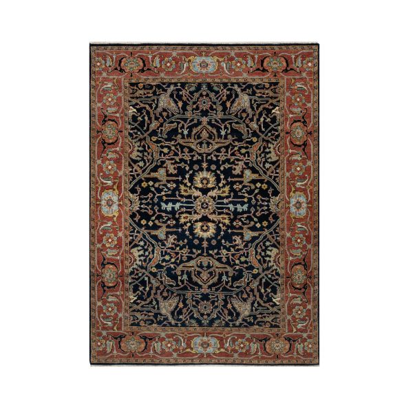 5'x7'2" Caviar Blue, Natural Dyes, All Wool, Antiqued Fine Heriz Re-Creation, Hand Knotted, All Over Vines Design, Denser Weave, Oriental Rug HR91099