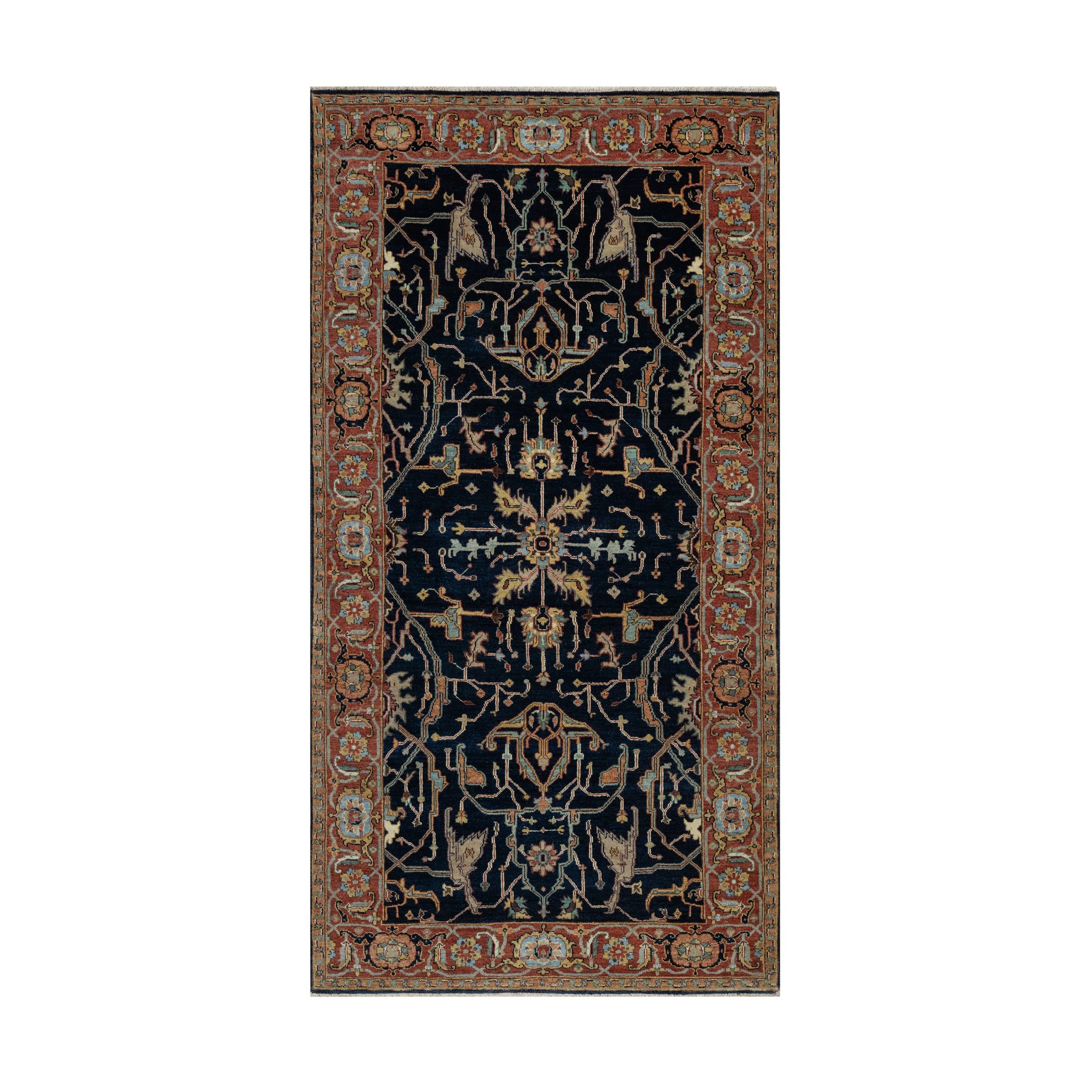 4'2"x8'1" Polo Blue, All Over Vines Design, Lush and Plush, Organic Wool, Densely Woven, Antiqued Fine Heriz, Re-Creation, Hand Knotted, Wide Runner, Oriental Rug HR91110