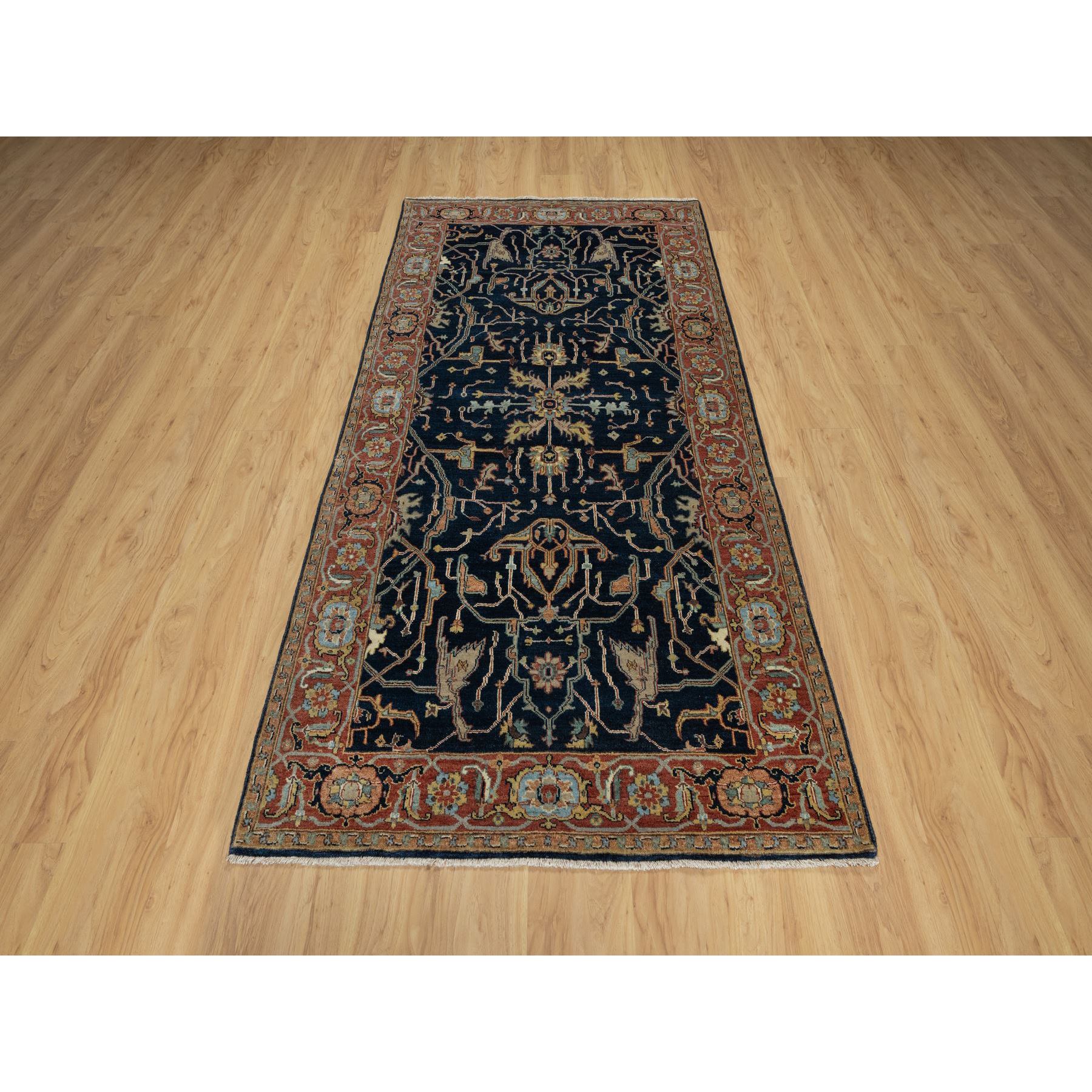 4'2"x8'1" Polo Blue, All Over Vines Design, Lush and Plush, Organic Wool, Densely Woven, Antiqued Fine Heriz, Re-Creation, Hand Knotted, Wide Runner, Oriental Rug HR91110 - Image 2