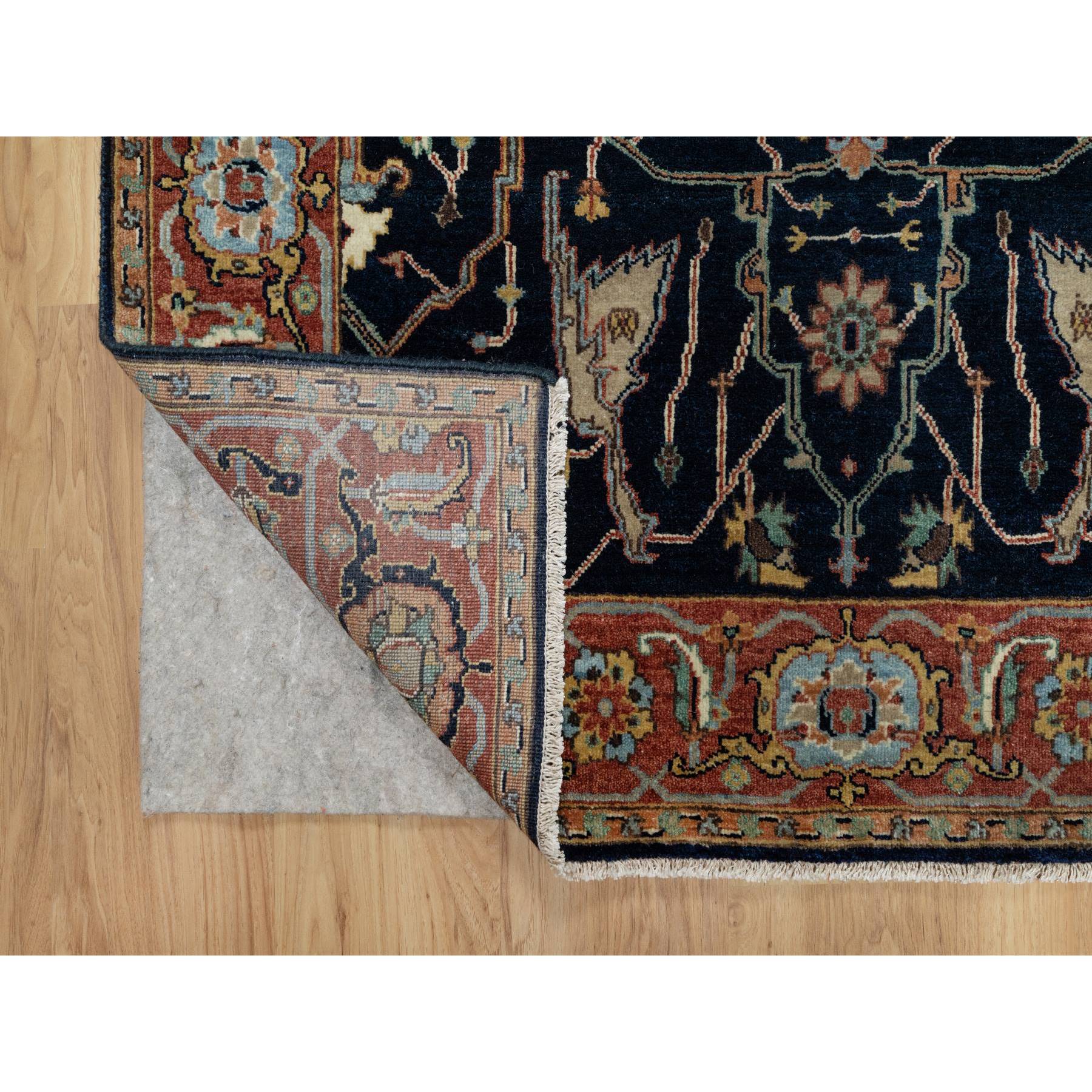 4'2"x8'1" Polo Blue, All Over Vines Design, Lush and Plush, Organic Wool, Densely Woven, Antiqued Fine Heriz, Re-Creation, Hand Knotted, Wide Runner, Oriental Rug HR91110 - Image 3