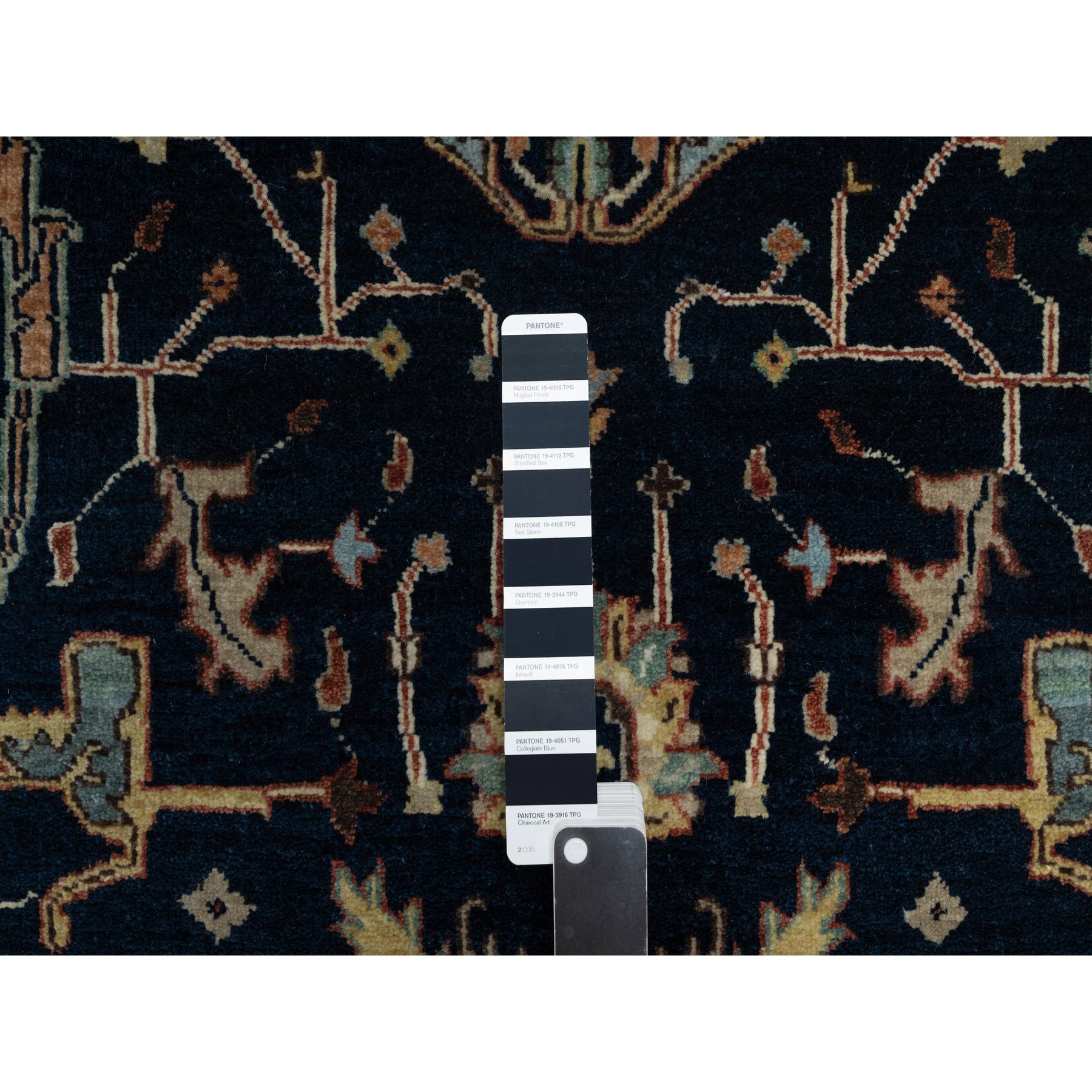 4'2"x8'1" Polo Blue, All Over Vines Design, Lush and Plush, Organic Wool, Densely Woven, Antiqued Fine Heriz, Re-Creation, Hand Knotted, Wide Runner, Oriental Rug HR91110 - Image 4