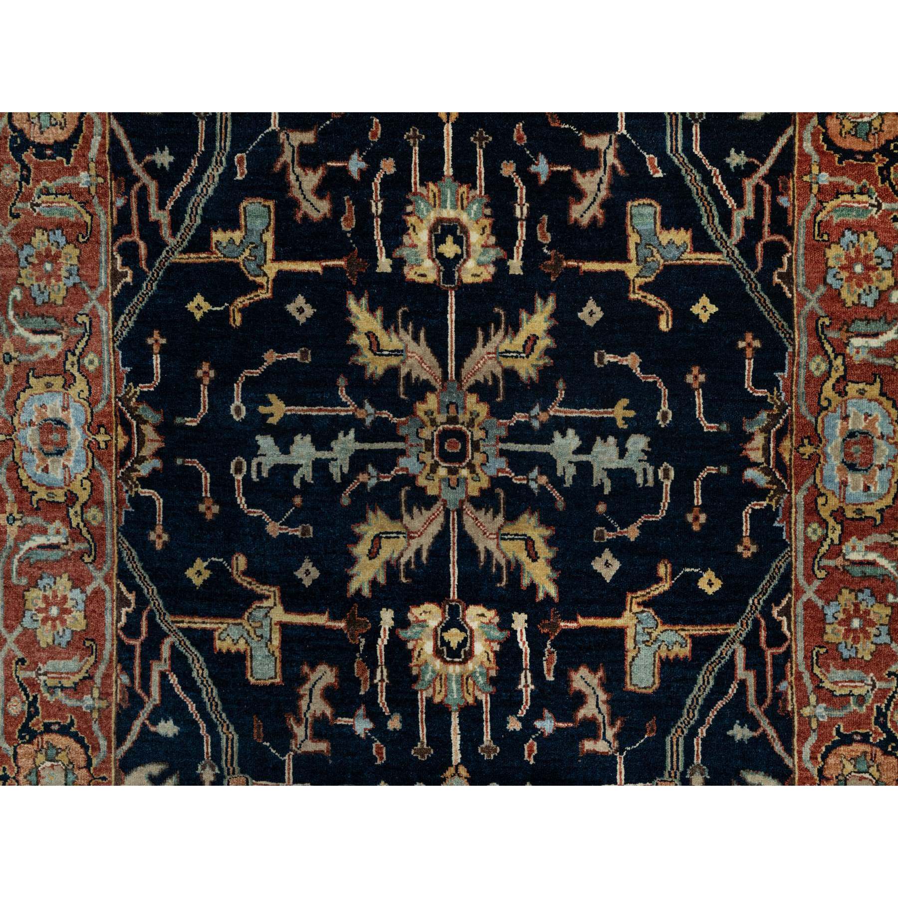 4'2"x8'1" Polo Blue, All Over Vines Design, Lush and Plush, Organic Wool, Densely Woven, Antiqued Fine Heriz, Re-Creation, Hand Knotted, Wide Runner, Oriental Rug HR91110 - Image 5
