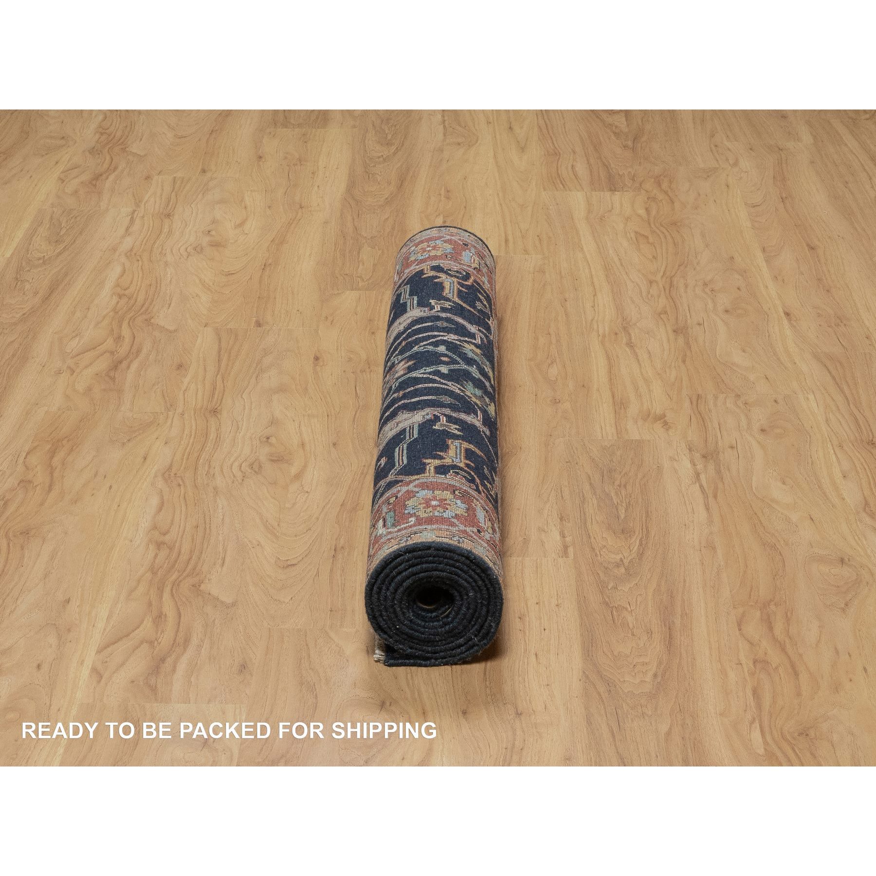 4'2"x8'1" Polo Blue, All Over Vines Design, Lush and Plush, Organic Wool, Densely Woven, Antiqued Fine Heriz, Re-Creation, Hand Knotted, Wide Runner, Oriental Rug HR91110 - Image 6