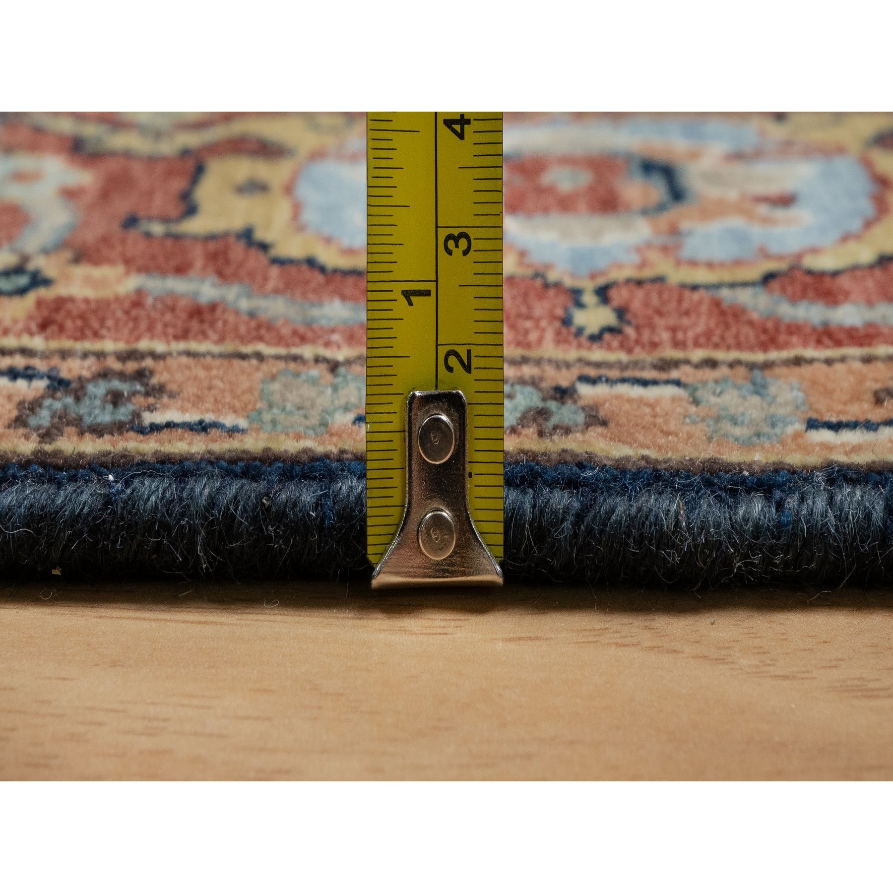 4'2"x8'1" Polo Blue, All Over Vines Design, Lush and Plush, Organic Wool, Densely Woven, Antiqued Fine Heriz, Re-Creation, Hand Knotted, Wide Runner, Oriental Rug HR91110 - Image 7