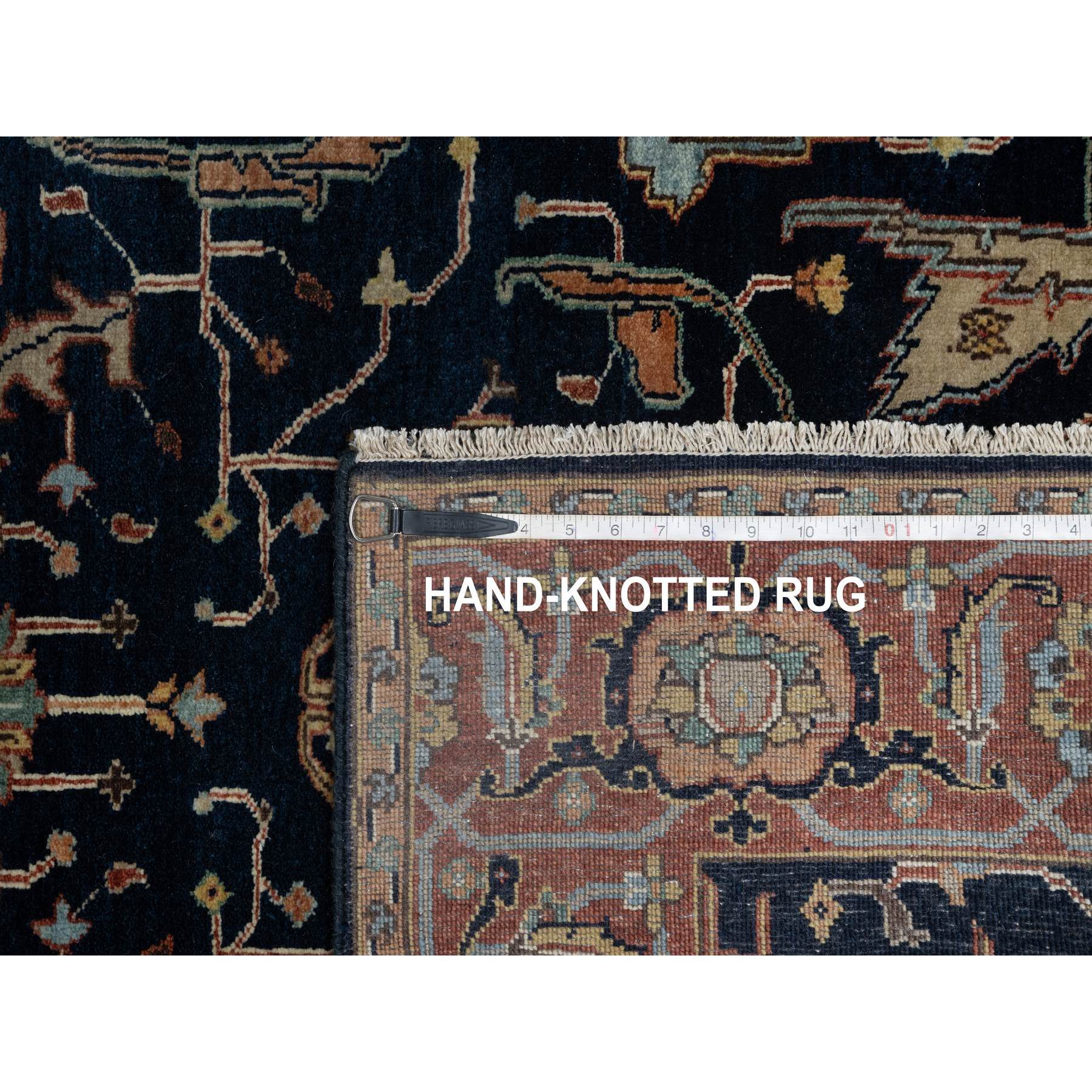 4'2"x8'1" Polo Blue, All Over Vines Design, Lush and Plush, Organic Wool, Densely Woven, Antiqued Fine Heriz, Re-Creation, Hand Knotted, Wide Runner, Oriental Rug HR91110 - Image 8