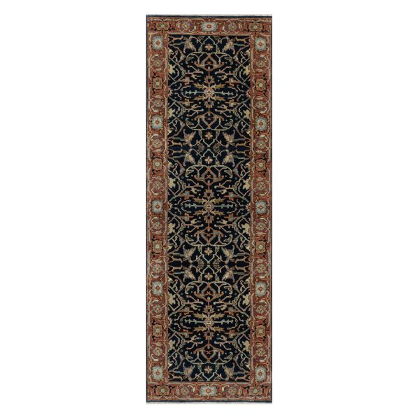 2'6"x8'1" Caviar Blue, Natural Dyes, All Wool, Antiqued Fine Heriz Re-Creation, Hand Knotted, All Over Vines Design, Denser Weave, Runner, Oriental Rug HR91113