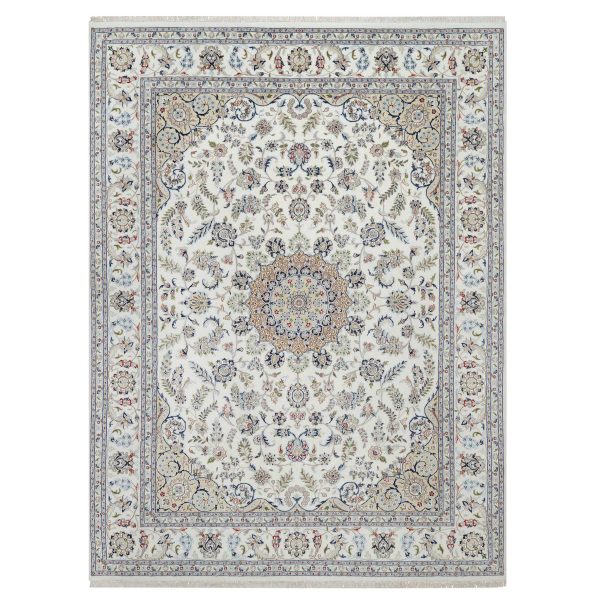 8'10"x12'4" Cotton White, Soft Pile, Nain with Center Flower Design, 250 KPSI, Hand Knotted, Wool and Silk, Oriental Rug HR91124