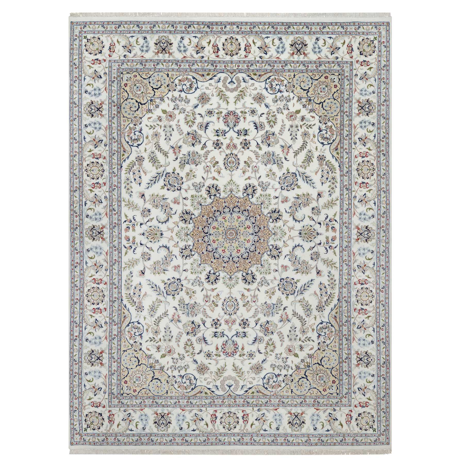 8'10"x12'4" Cotton White, Soft Pile, Nain with Center Flower Design, 250 KPSI, Hand Knotted, Wool and Silk, Oriental Rug HR91124