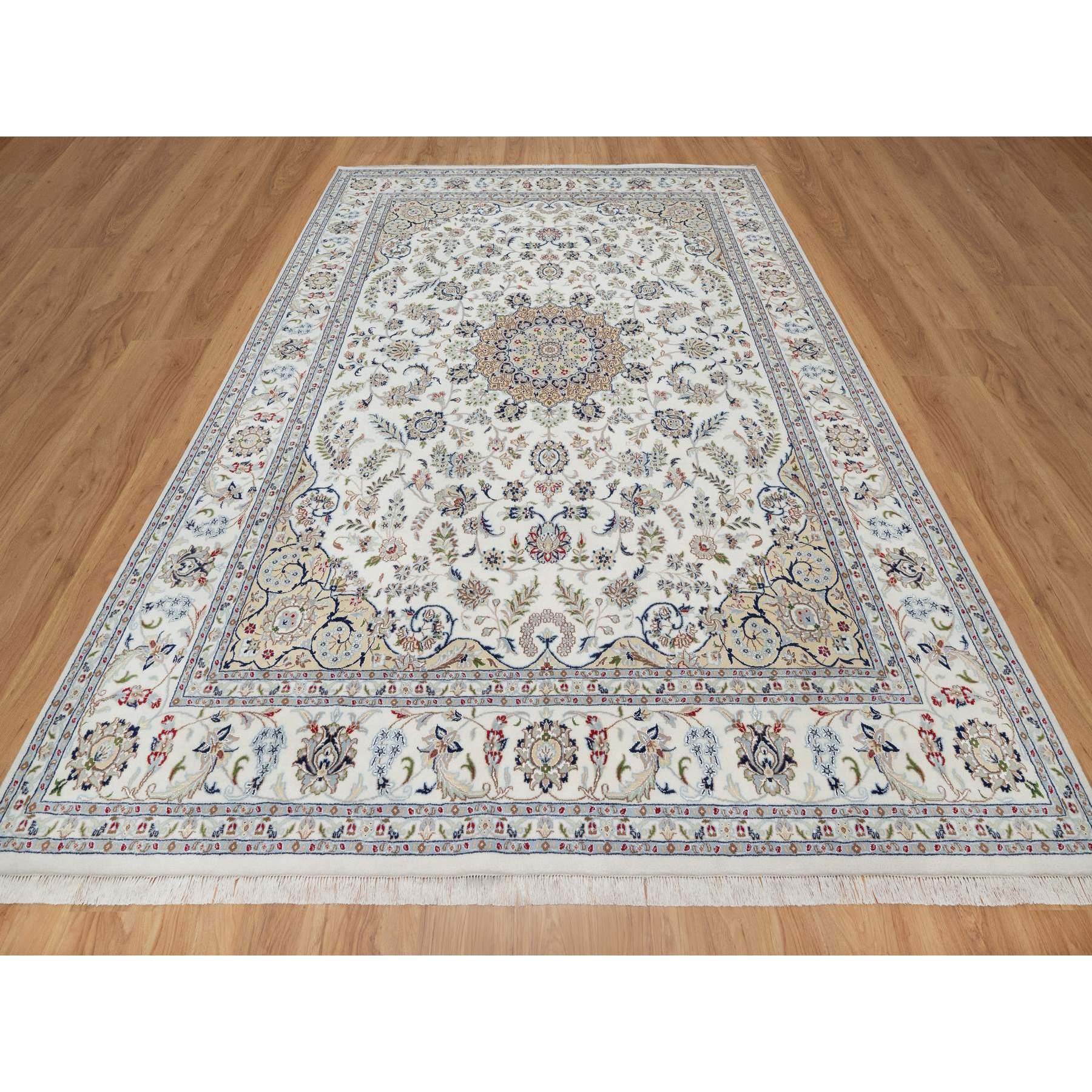 8'10"x12'4" Cotton White, Soft Pile, Nain with Center Flower Design, 250 KPSI, Hand Knotted, Wool and Silk, Oriental Rug HR91124 - Image 2