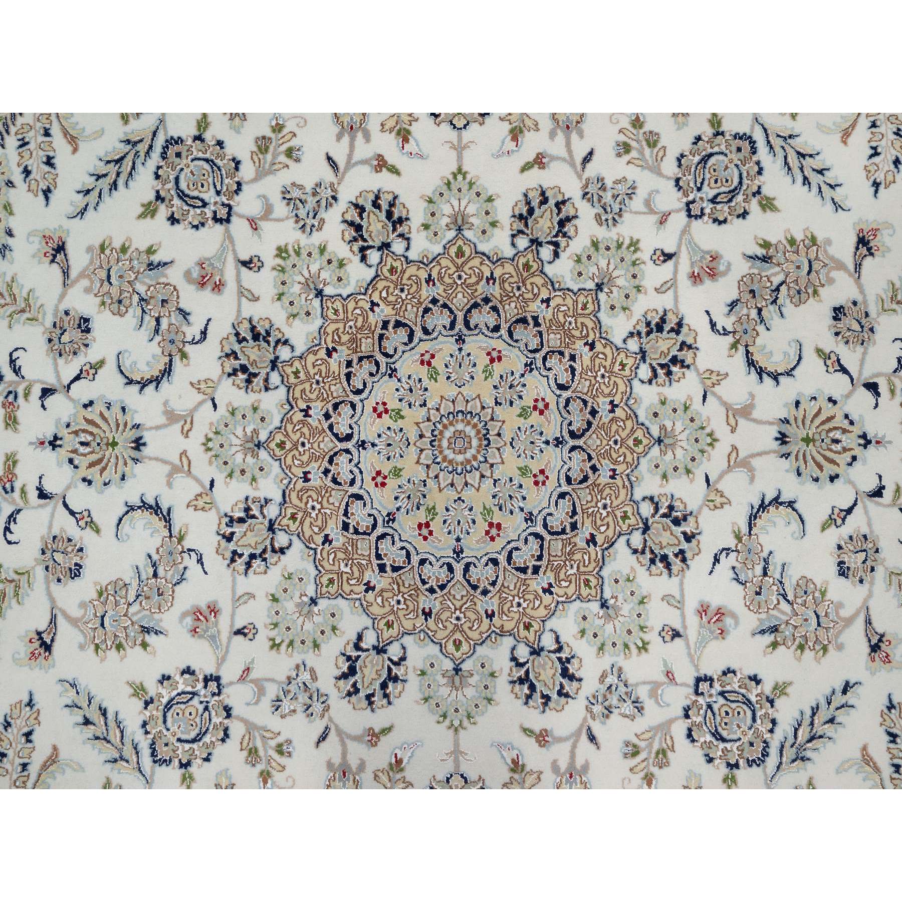 8'10"x12'4" Cotton White, Soft Pile, Nain with Center Flower Design, 250 KPSI, Hand Knotted, Wool and Silk, Oriental Rug HR91124 - Image 8