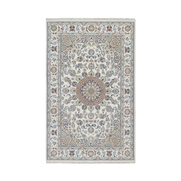 5'10"x9'2" Pearl White, 250 KPSI, Hand Knotted, Nain with Flower Medallion Design, Wool and Silk, Oriental Rug HR91125