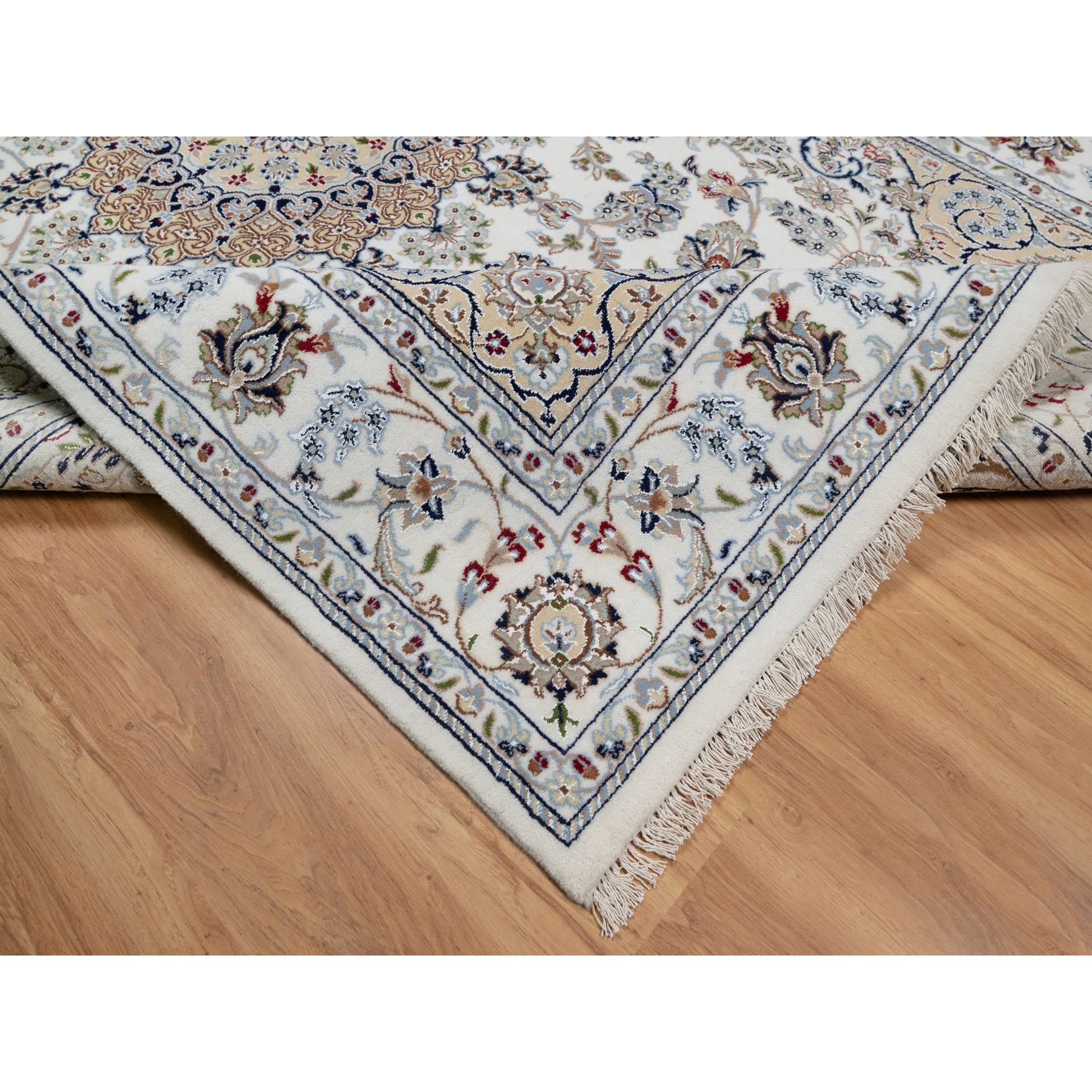 5'10"x9'2" Pearl White, 250 KPSI, Hand Knotted, Nain with Flower Medallion Design, Wool and Silk, Oriental Rug HR91125 - Image 6