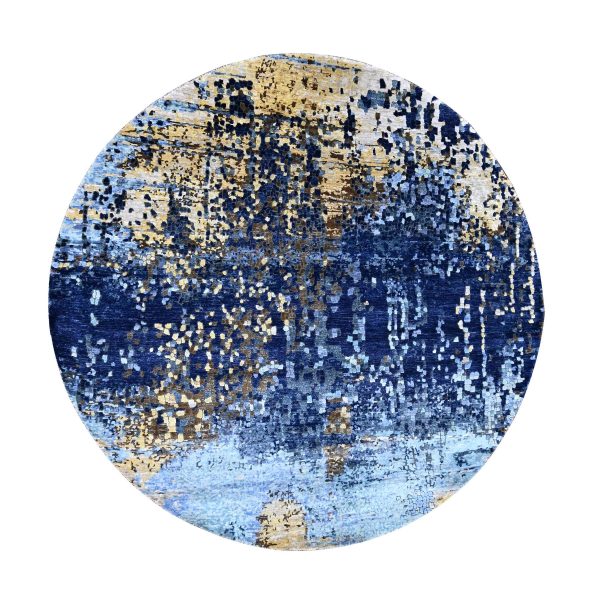 7'9"x7'9" Denim Blue with Mix of Gold, Modern Mosaic Design, Persian Knot, Denser Weave, Hand Knotted, Wool and Silk, Round, Oriental Rug HR10100