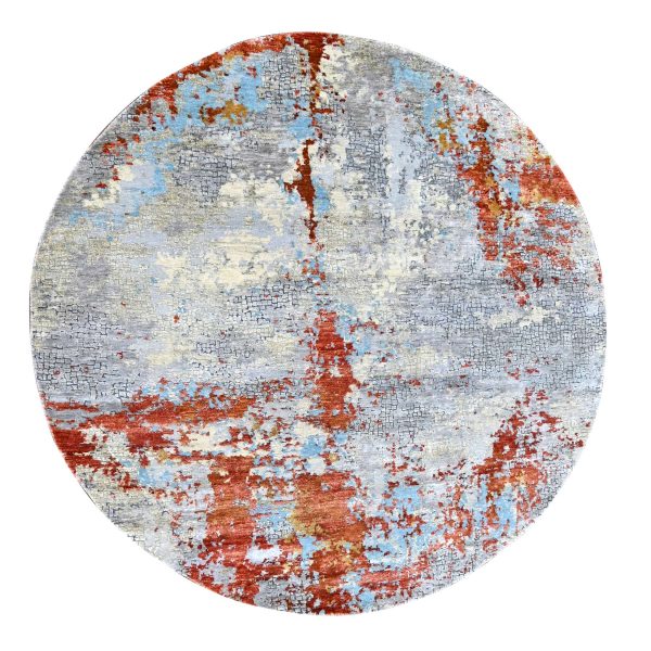 8'x8' Burnt Orange with Cloud Gray, Abstract with Fire Mosaic Design, Wool and Silk, Hand Knotted, Round, Oriental Rug HR10105