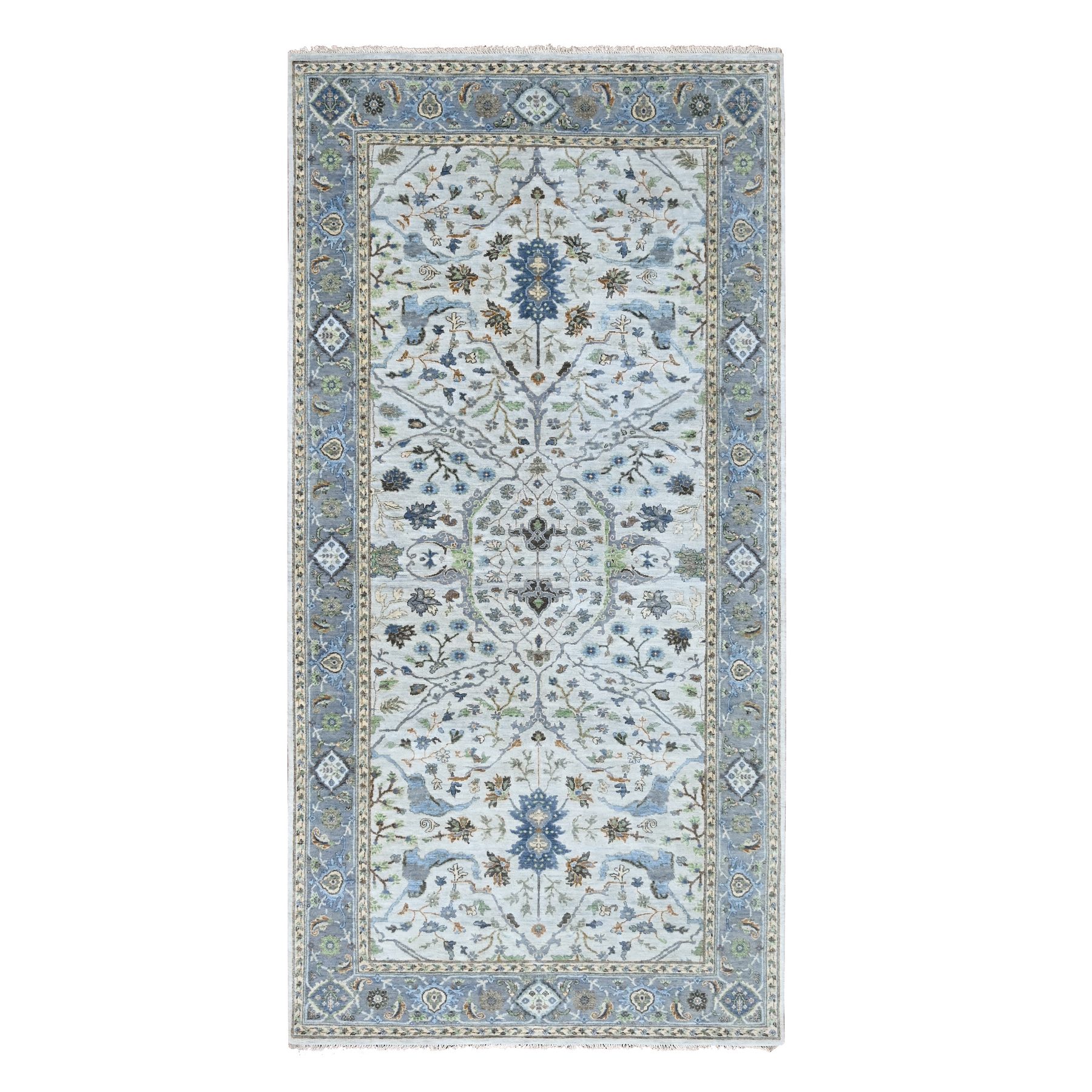 5'9"x11'10" Pearl White, Oushak with Floral Motifs, Pure Wool, Hand Knotted, Denser Weave, Gallery Size Wide Runner, Oriental Rug HR10108