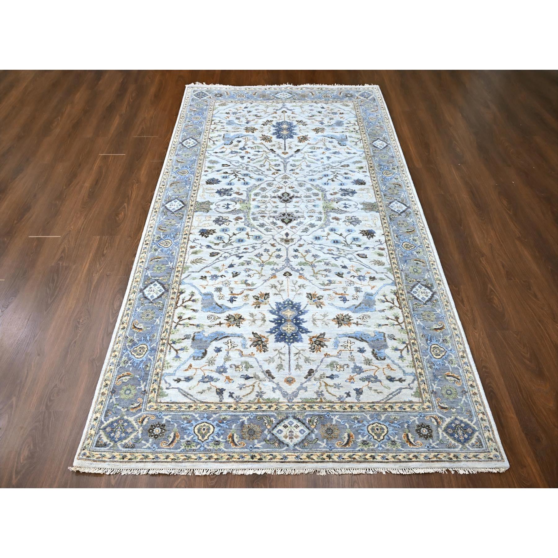 5'9"x11'10" Pearl White, Oushak with Floral Motifs, Pure Wool, Hand Knotted, Denser Weave, Gallery Size Wide Runner, Oriental Rug HR10108 - Image 2