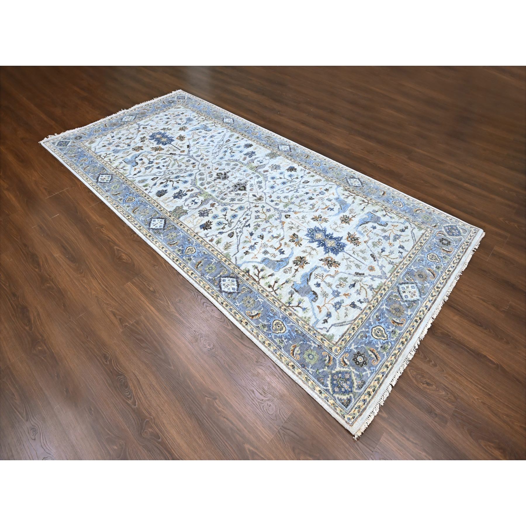 5'9"x11'10" Pearl White, Oushak with Floral Motifs, Pure Wool, Hand Knotted, Denser Weave, Gallery Size Wide Runner, Oriental Rug HR10108 - Image 3