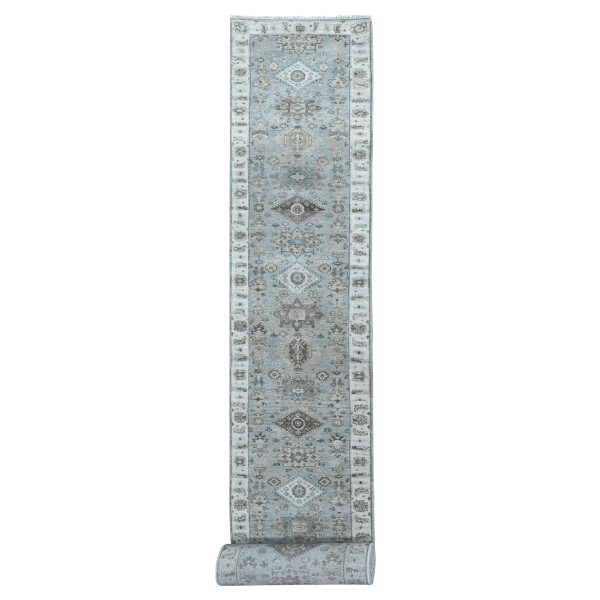 2'9"x21'10" Misty Gray, Pure Wool, Hand Knotted, Karajeh Design with Tribal Medallions, Vegetable Dyes, XL Runner, Oriental Rug HR10112