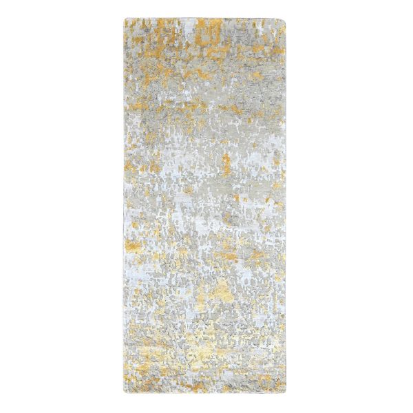 2'6"x6' Beige with Gold, Abstract Design, Wool and Silk, Hi-Low Pile, Hand Knotted, Runner, Oriental Rug HR10116