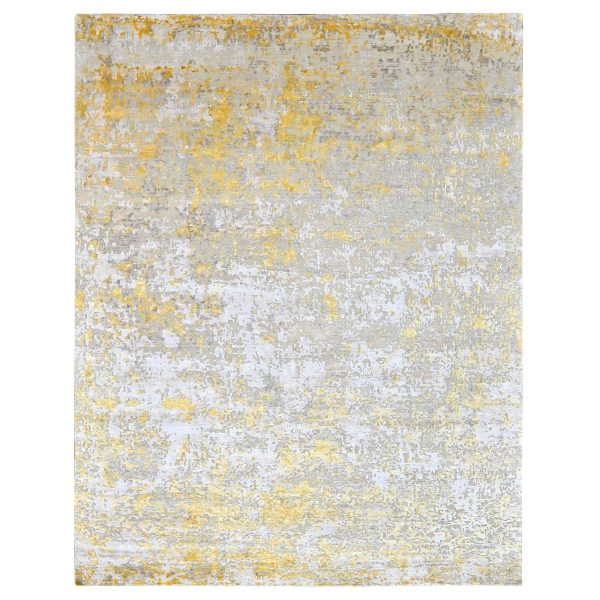 8'x9'9" Beige with Gold, Abstract Design, Wool and Silk, Hi-Low Pile, Hand Knotted, Oriental Rug HR10117
