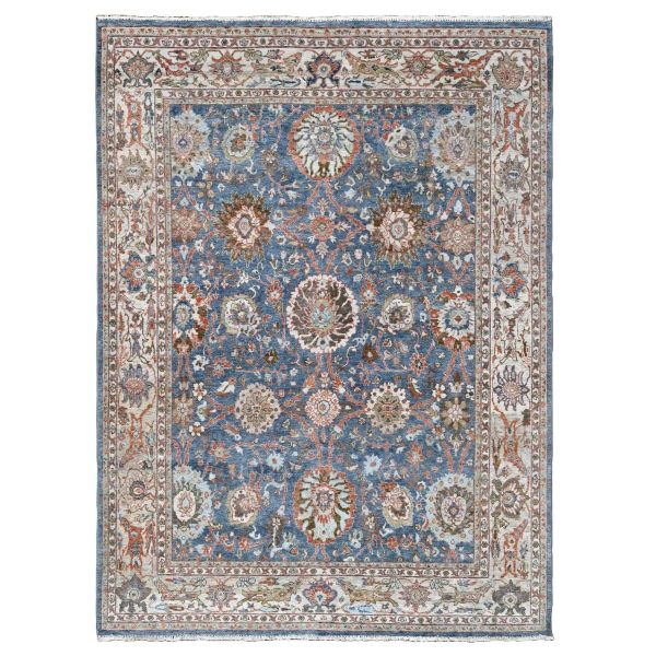 7'10"x9'8" Aegean Blue, Antiqued Sultanabad Design, Zero Pile, Shaved Low, Distressed, 100% Wool, Hand Knotted, Oriental Rug HR10120