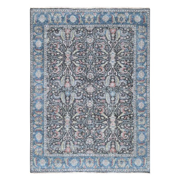 7'8"x9'6" Charcoal Black, Cropped Thin, Antiqued Zeigler Mahal with Zero Pile, Hand Knotted, 100% Wool, Oriental Rug HR10134