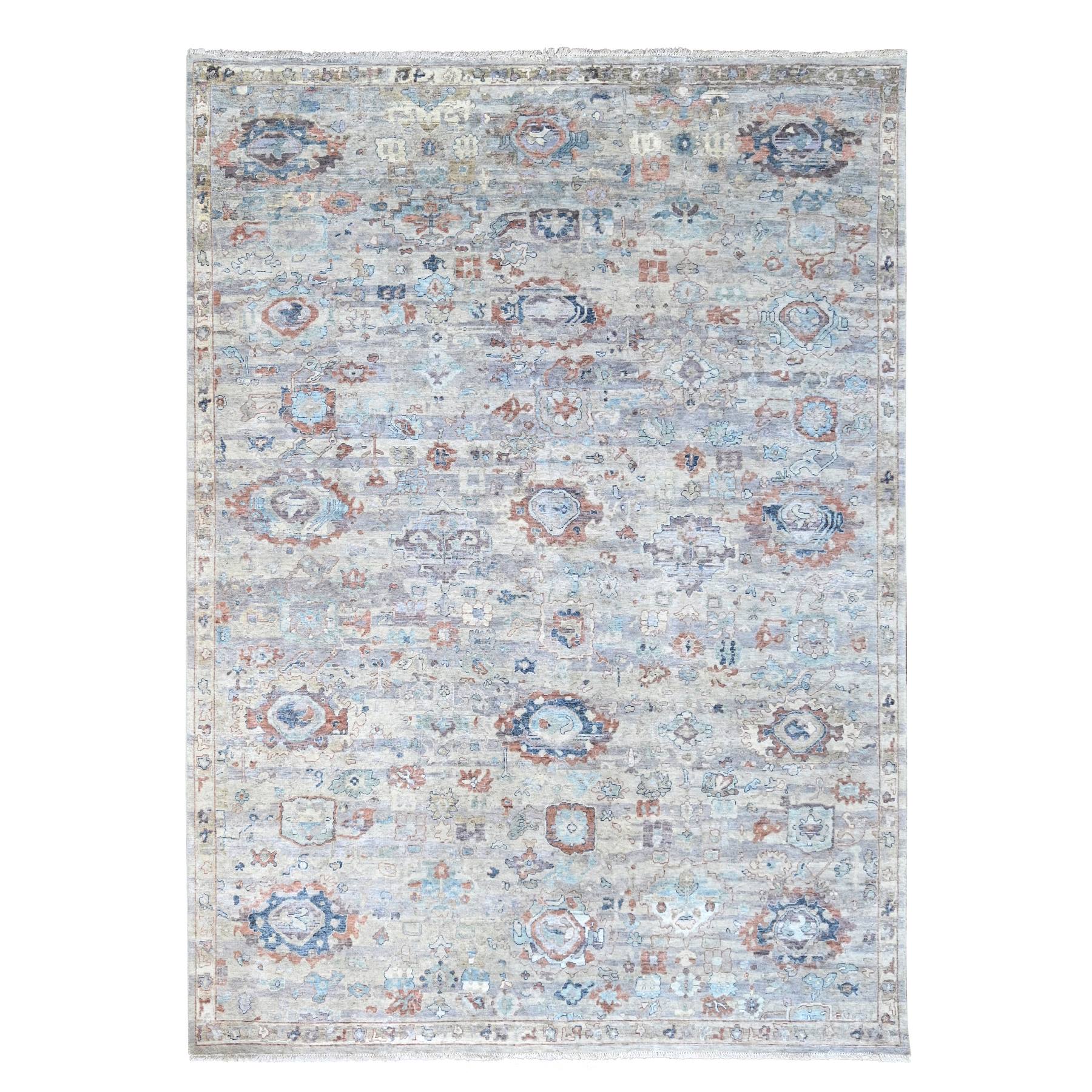 8'6"x11'3" Misty Gray, Abrash Persian with All Over Leaf Design, 100% Pure Wool, Zero Pile, Shaved Low, Hand Knotted, Oriental Rug HR10159