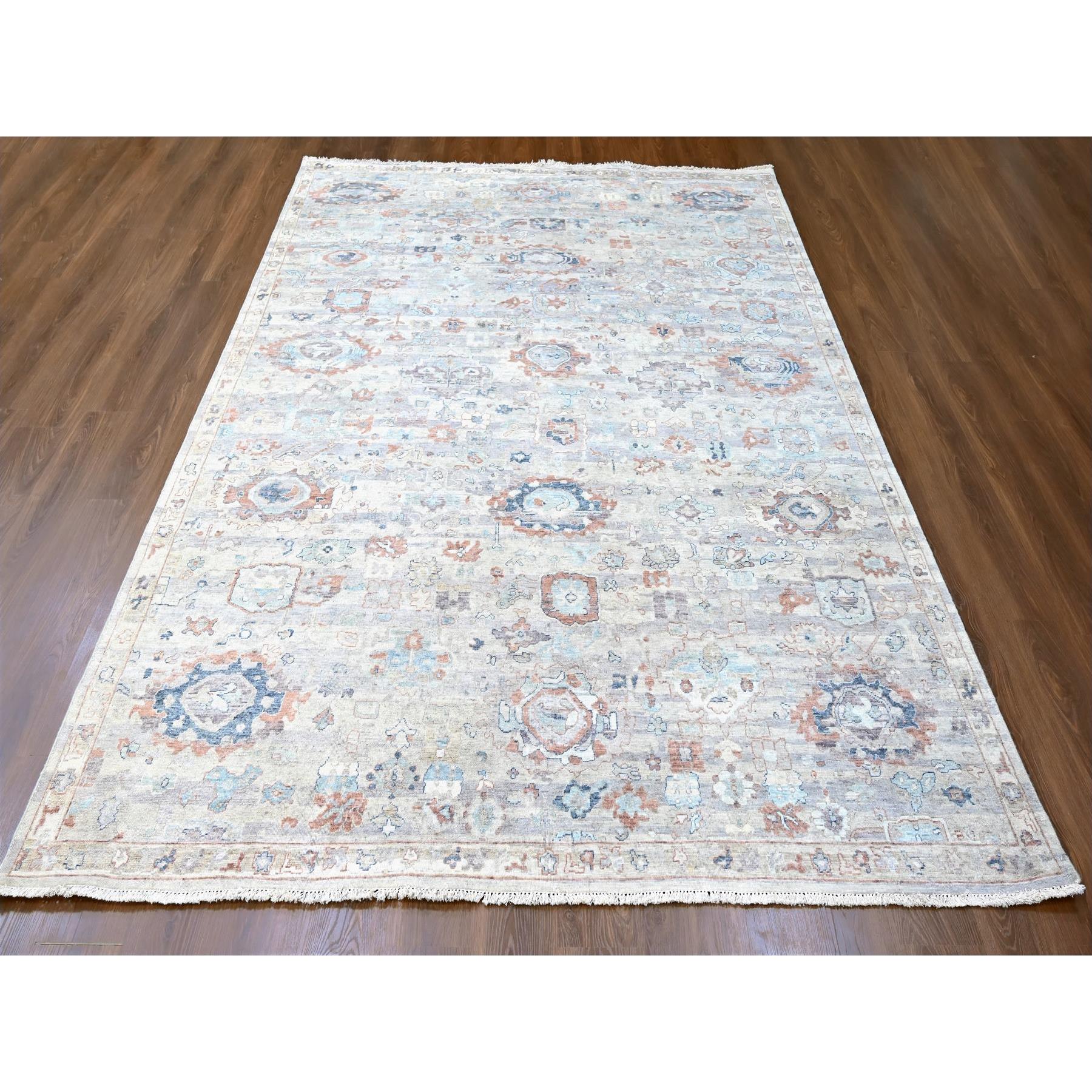 8'6"x11'3" Misty Gray, Abrash Persian with All Over Leaf Design, 100% Pure Wool, Zero Pile, Shaved Low, Hand Knotted, Oriental Rug HR10159 - Image 2