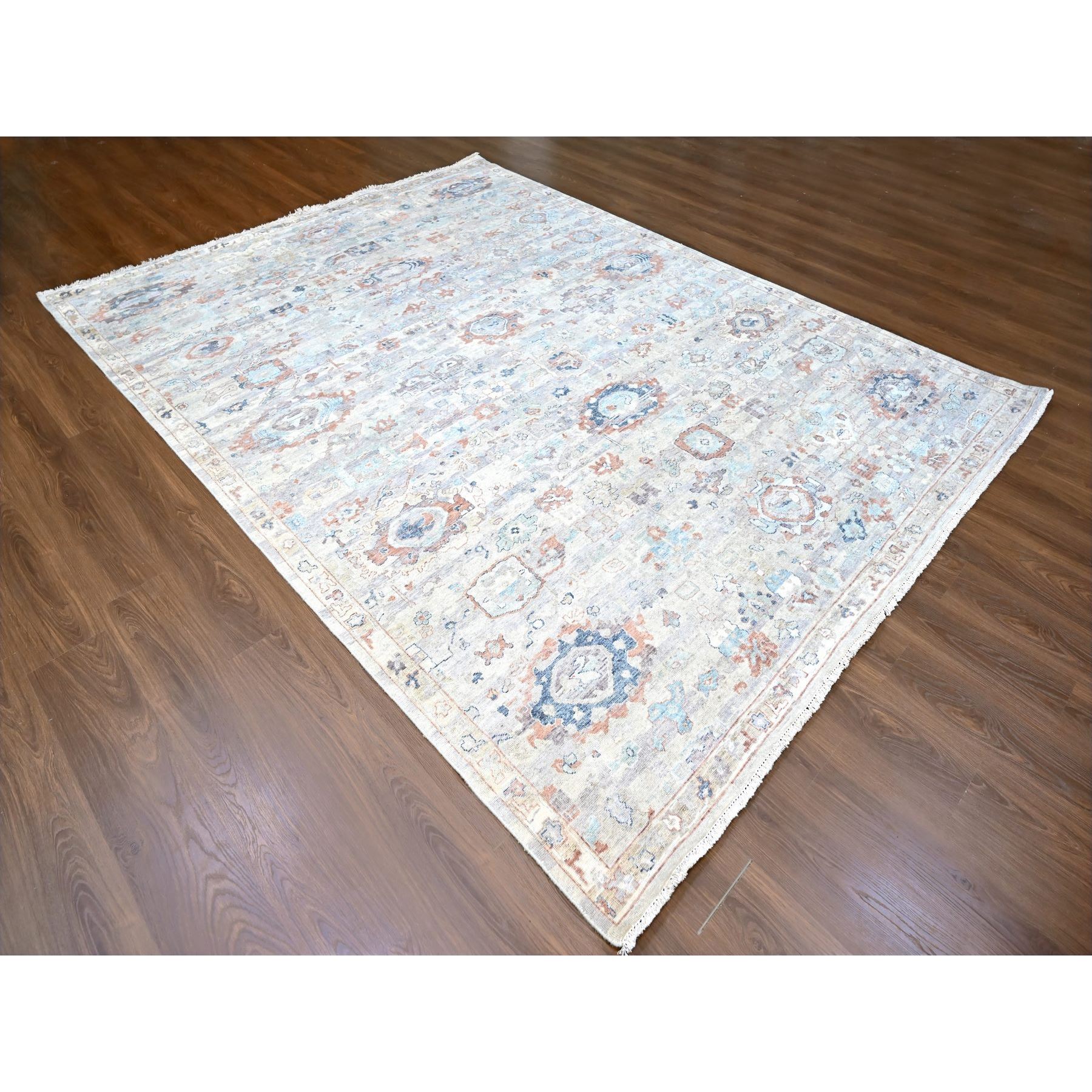 8'6"x11'3" Misty Gray, Abrash Persian with All Over Leaf Design, 100% Pure Wool, Zero Pile, Shaved Low, Hand Knotted, Oriental Rug HR10159 - Image 3
