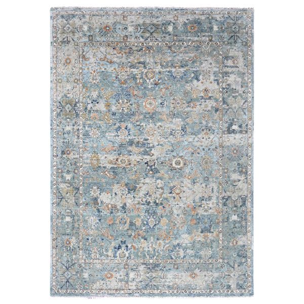 8'10"x11'10" Silver Blue, Abrash Persian with All Over Leaf Design, 100% Pure Wool, Zero Pile, Shaved Low, Hand Knotted, Oriental Rug HR10166