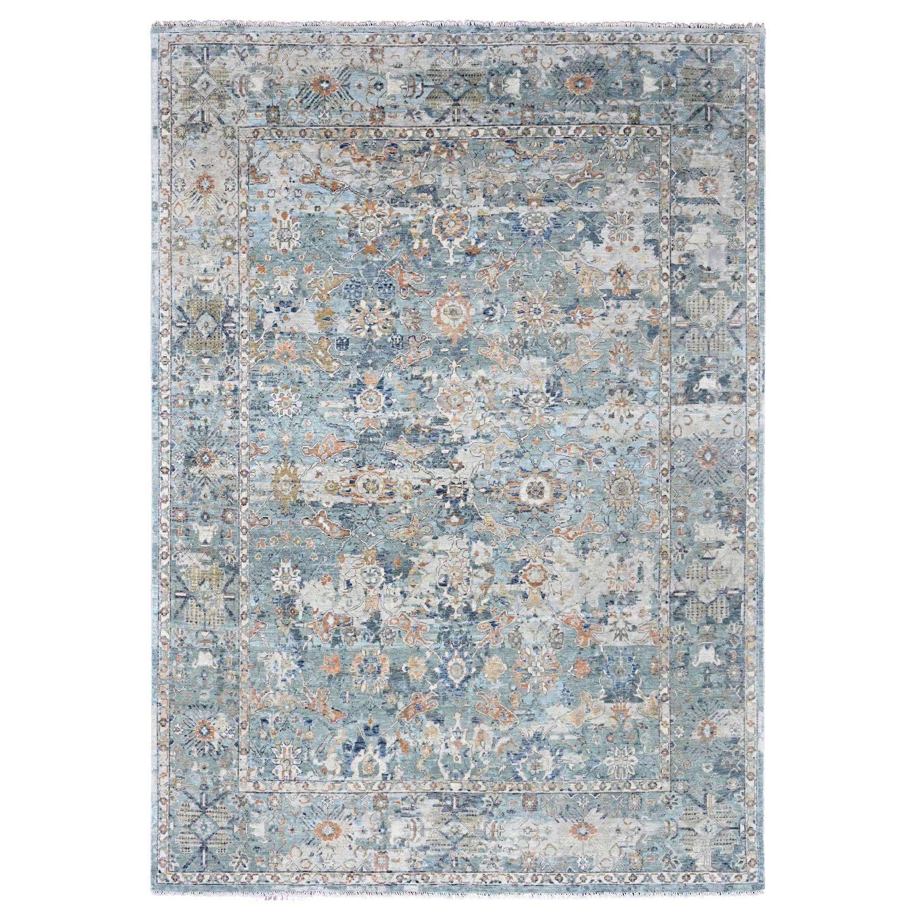 8'10"x11'10" Silver Blue, Abrash Persian with All Over Leaf Design, 100% Pure Wool, Zero Pile, Shaved Low, Hand Knotted, Oriental Rug HR10166