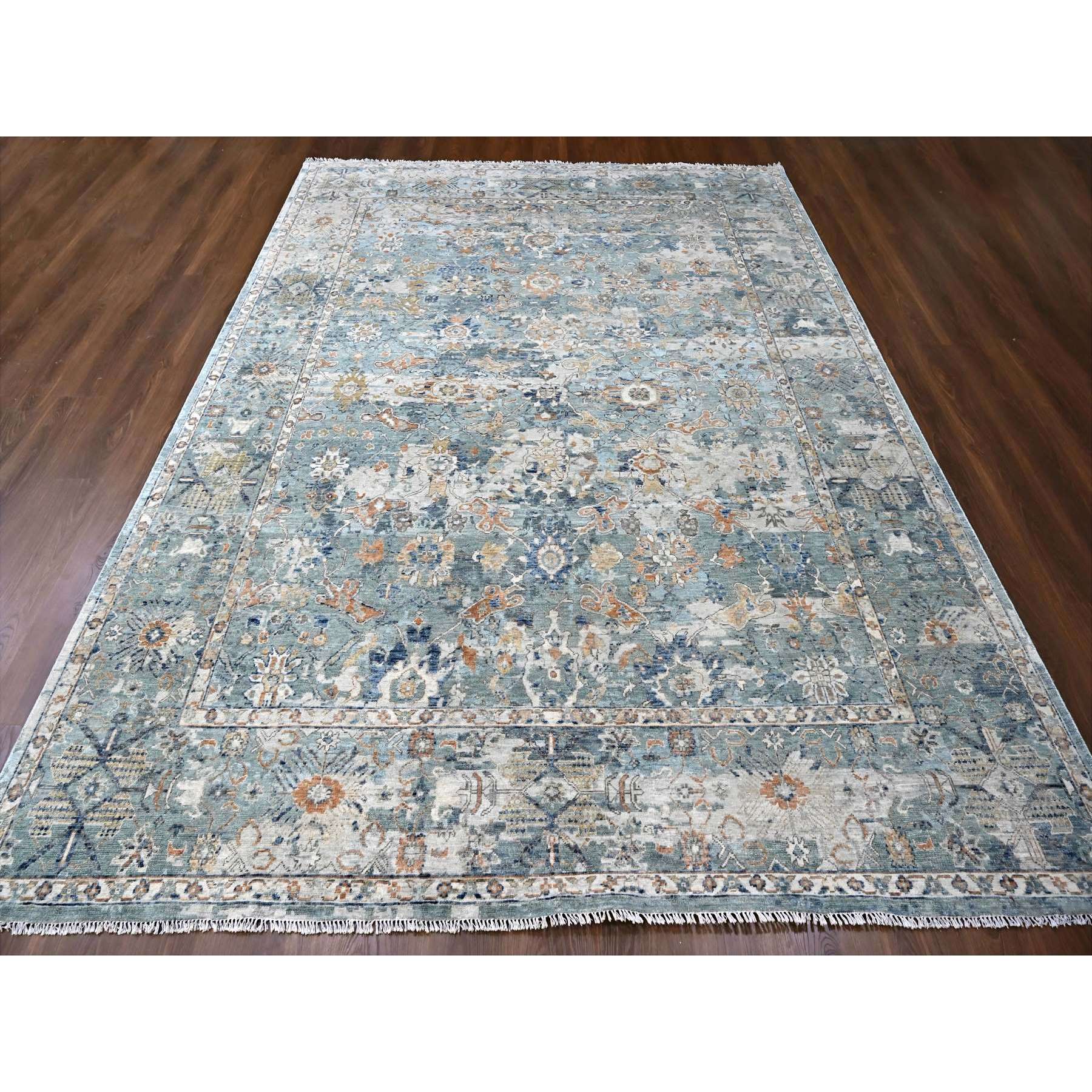 8'10"x11'10" Silver Blue, Abrash Persian with All Over Leaf Design, 100% Pure Wool, Zero Pile, Shaved Low, Hand Knotted, Oriental Rug HR10166 - Image 2