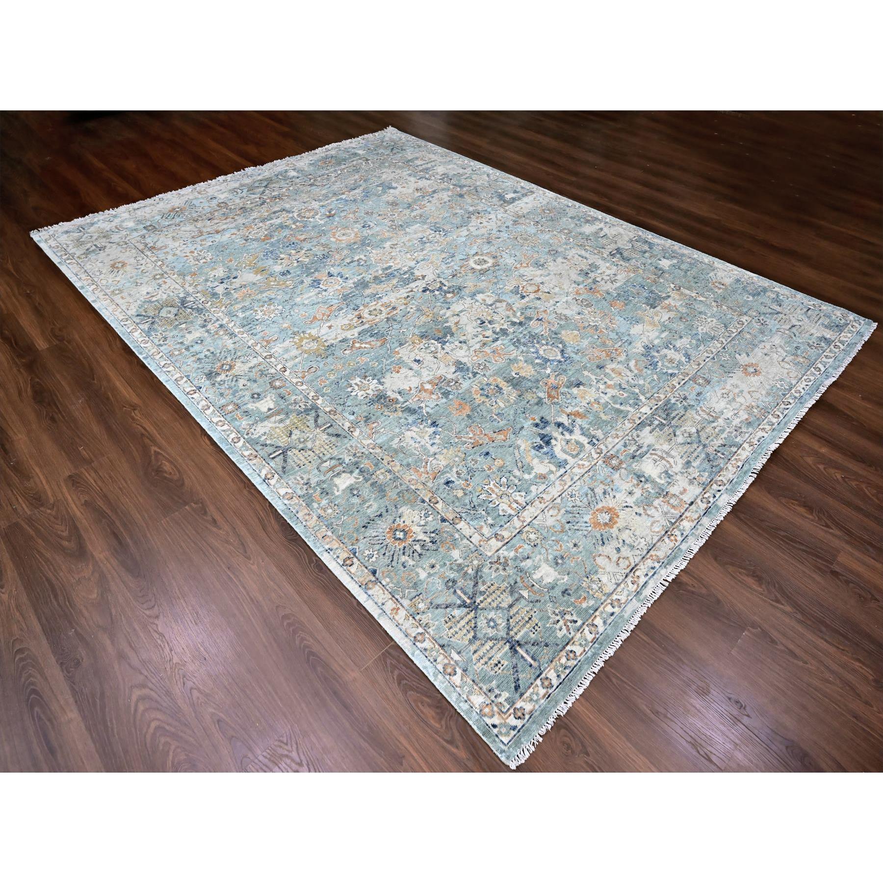 8'10"x11'10" Silver Blue, Abrash Persian with All Over Leaf Design, 100% Pure Wool, Zero Pile, Shaved Low, Hand Knotted, Oriental Rug HR10166 - Image 3