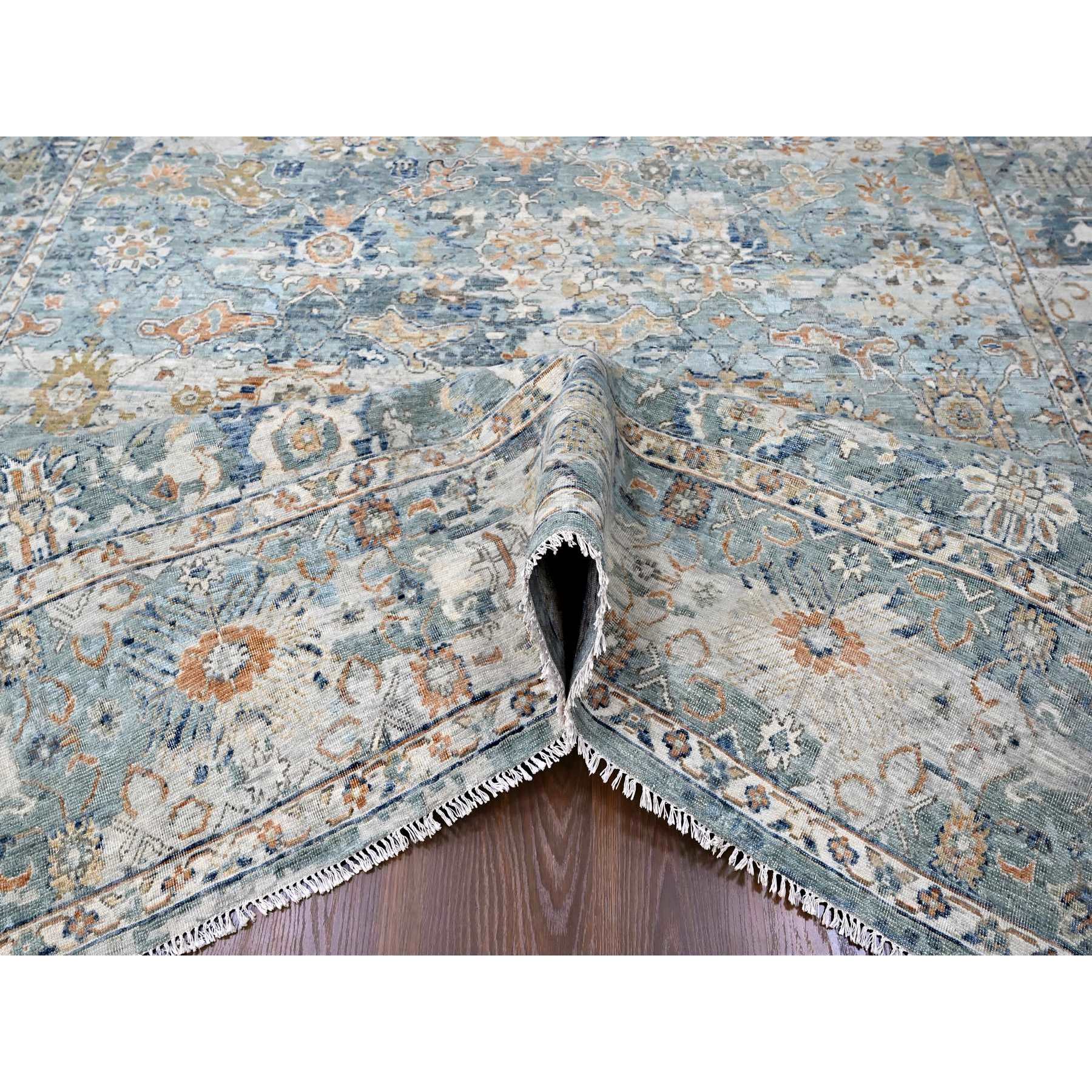 8'10"x11'10" Silver Blue, Abrash Persian with All Over Leaf Design, 100% Pure Wool, Zero Pile, Shaved Low, Hand Knotted, Oriental Rug HR10166 - Image 5