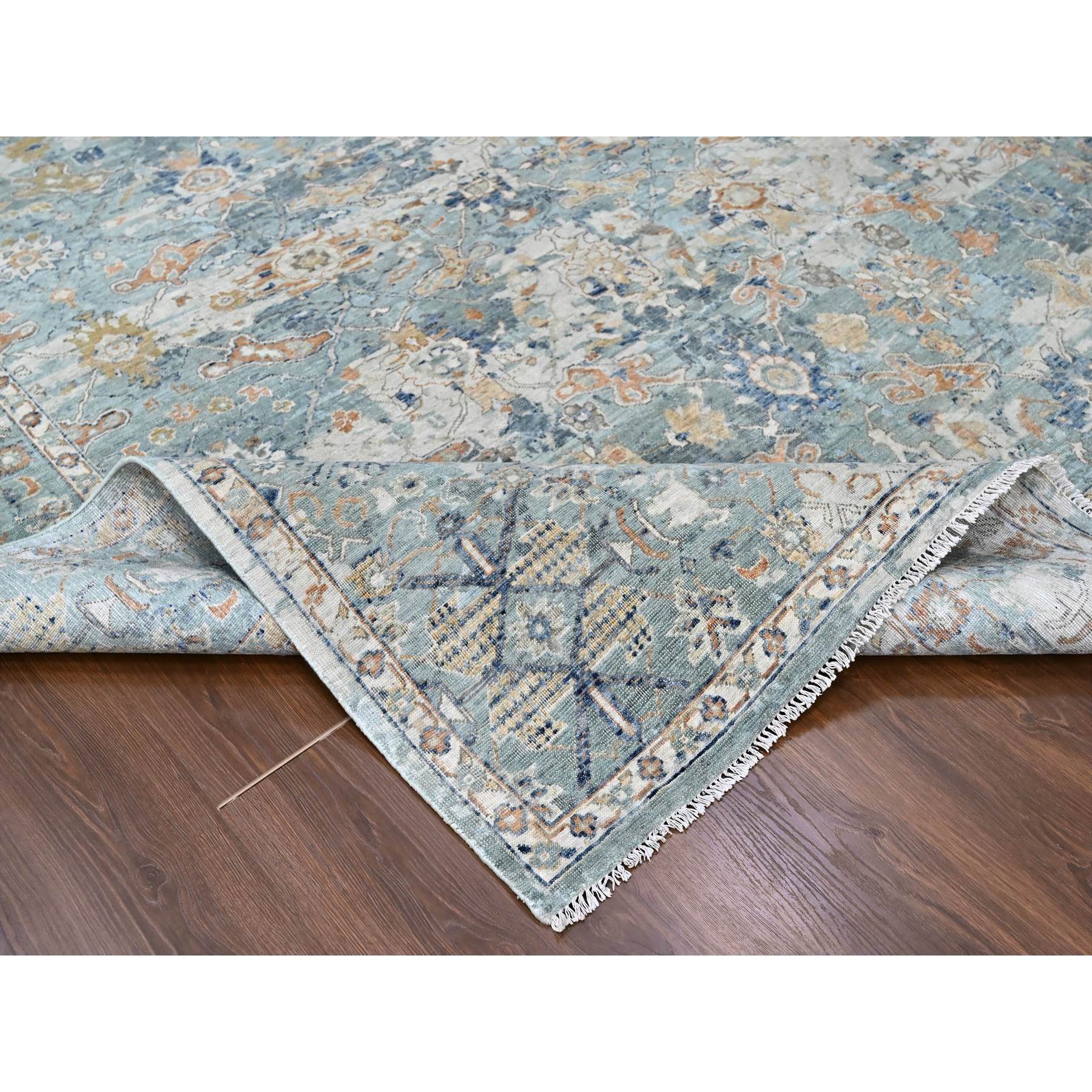 8'10"x11'10" Silver Blue, Abrash Persian with All Over Leaf Design, 100% Pure Wool, Zero Pile, Shaved Low, Hand Knotted, Oriental Rug HR10166 - Image 6
