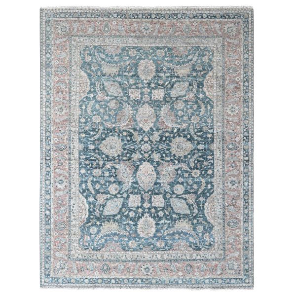 9'x11'10" Teal Color, Antiqued Tabriz Design, Distressed with Abrash, Zero Pile, Shaved Low, 100% Wool, Hand Knotted, Oriental Rug HR10173