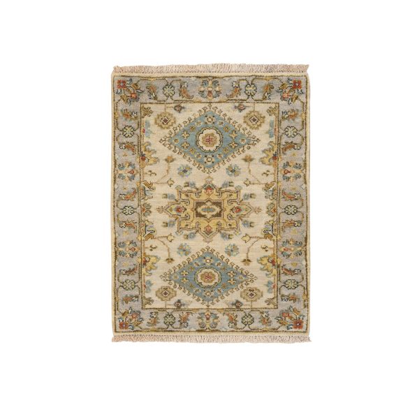 2'1"x3' Ivory and Gray, Karajeh Design with Tribal Medallions, Organic Wool Hand Knotted, Mat Oriental Rug HR64637