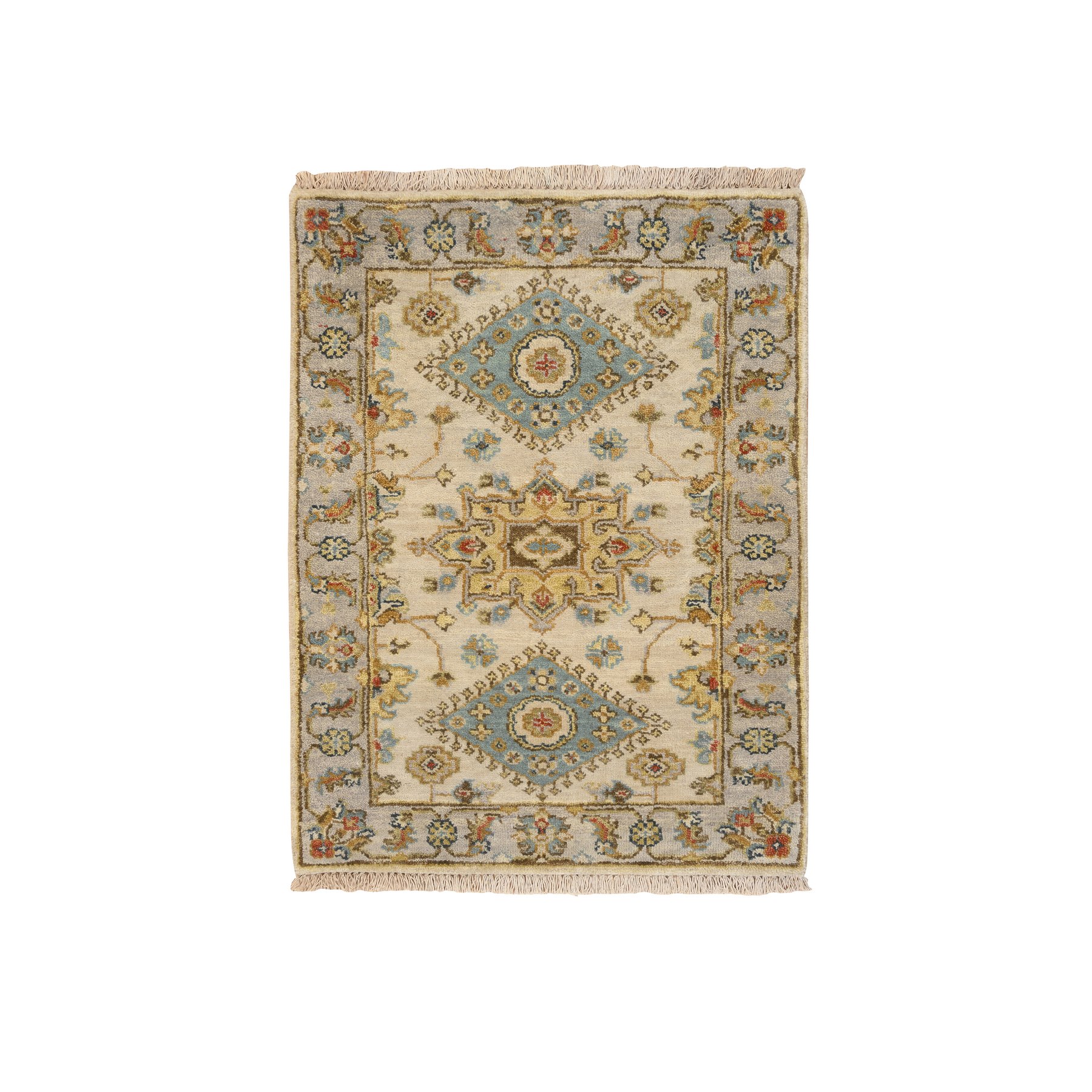 2'1"x3' Ivory and Gray, Karajeh Design with Tribal Medallions, Organic Wool Hand Knotted, Mat Oriental Rug HR64637