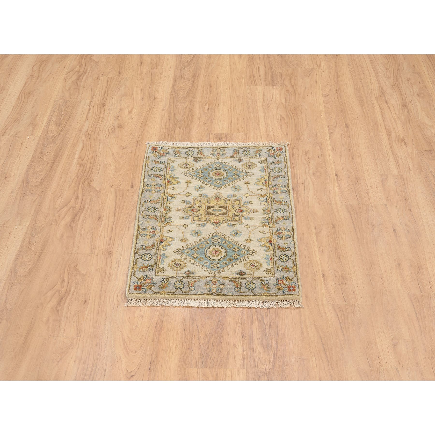 2'1"x3' Ivory and Gray, Karajeh Design with Tribal Medallions, Organic Wool Hand Knotted, Mat Oriental Rug HR64637 - Image 2