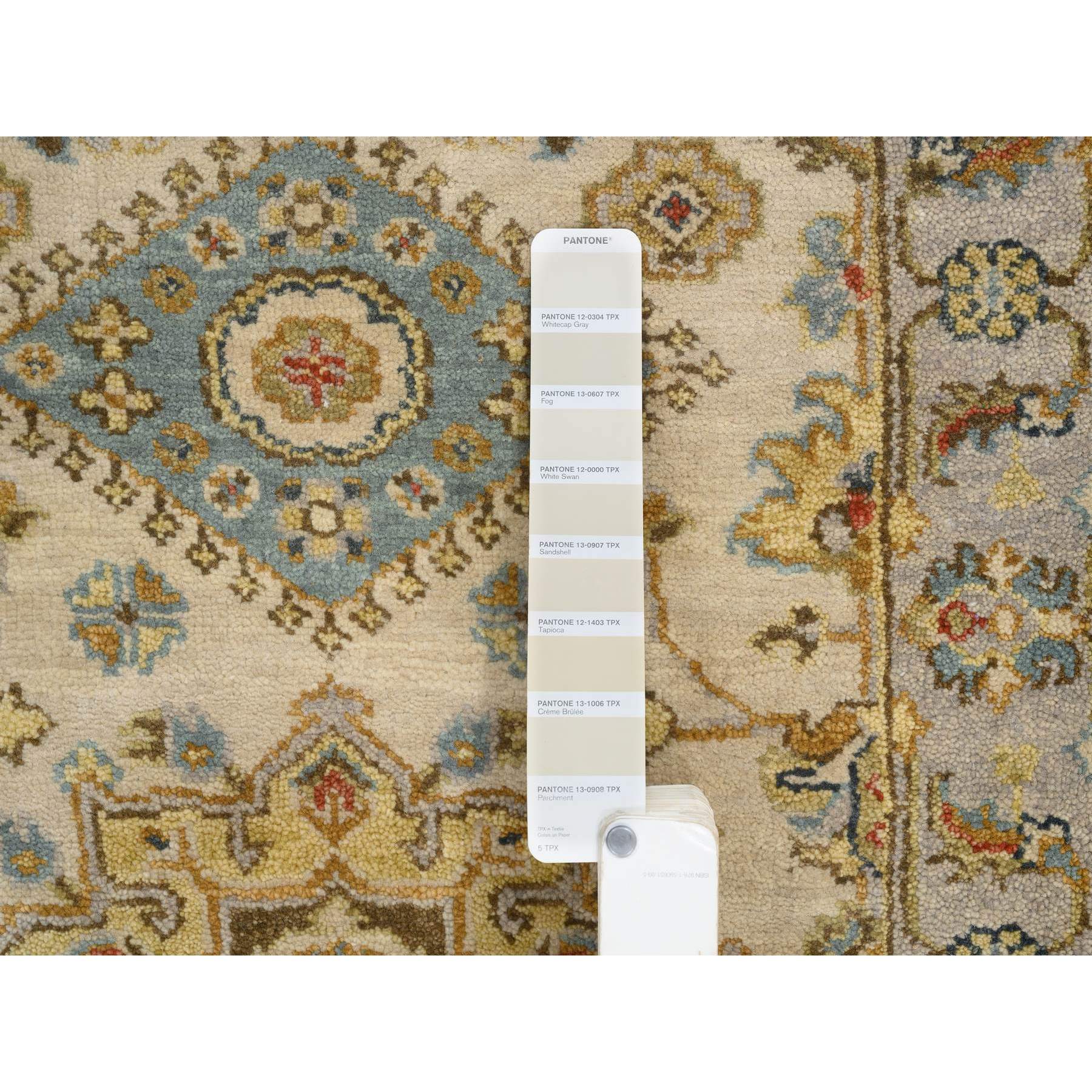 2'1"x3' Ivory and Gray, Karajeh Design with Tribal Medallions, Organic Wool Hand Knotted, Mat Oriental Rug HR64637 - Image 4