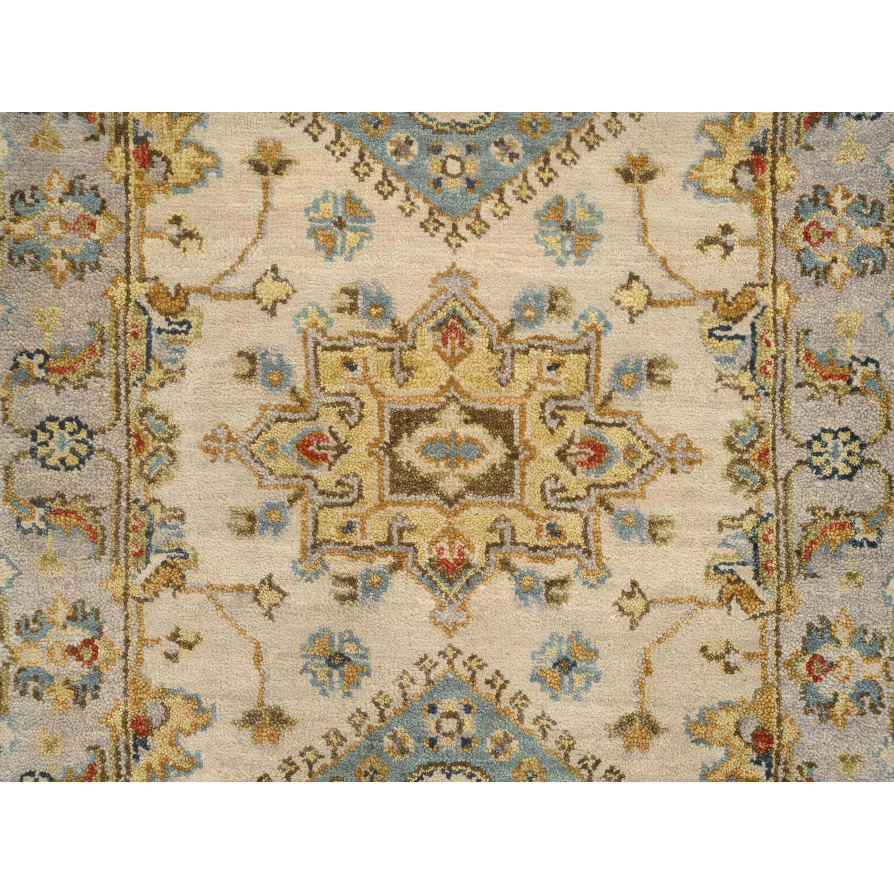 2'1"x3' Ivory and Gray, Karajeh Design with Tribal Medallions, Organic Wool Hand Knotted, Mat Oriental Rug HR64637 - Image 5