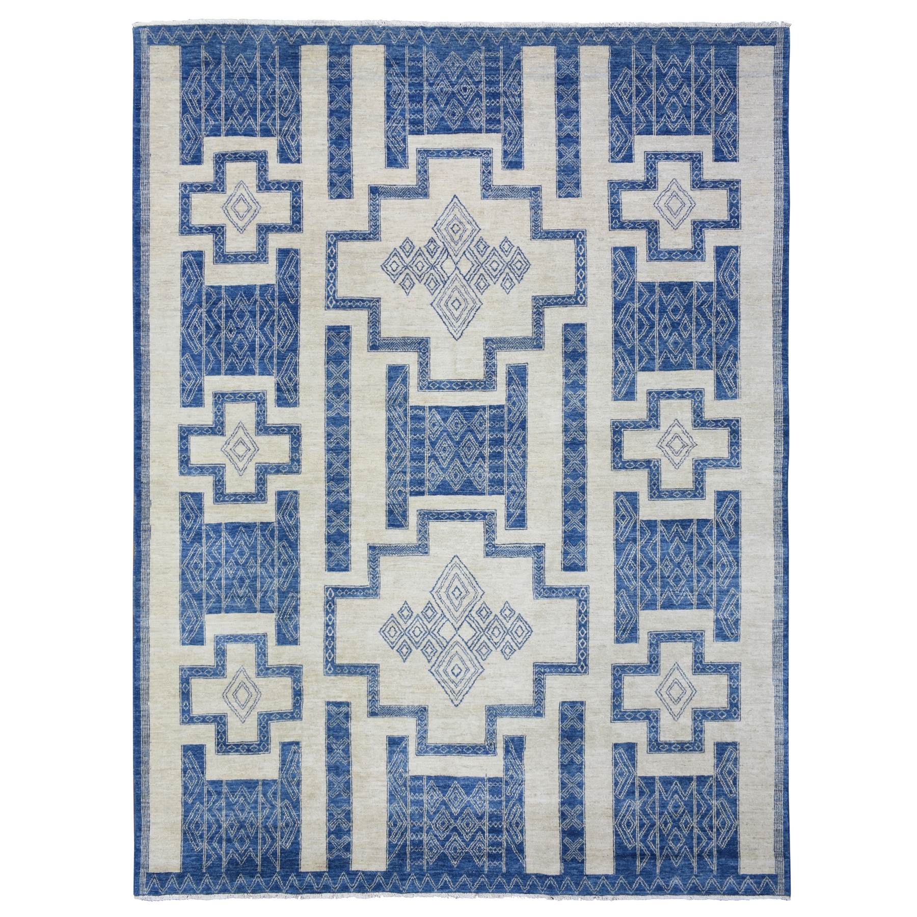 8'10"x11'8" Ivory with Denim Blue, Hand Knotted Fine Peshawar with Intricate, Geometric, Motifs, Densely Woven Soft Organic Wool, Oriental Rug HR72720