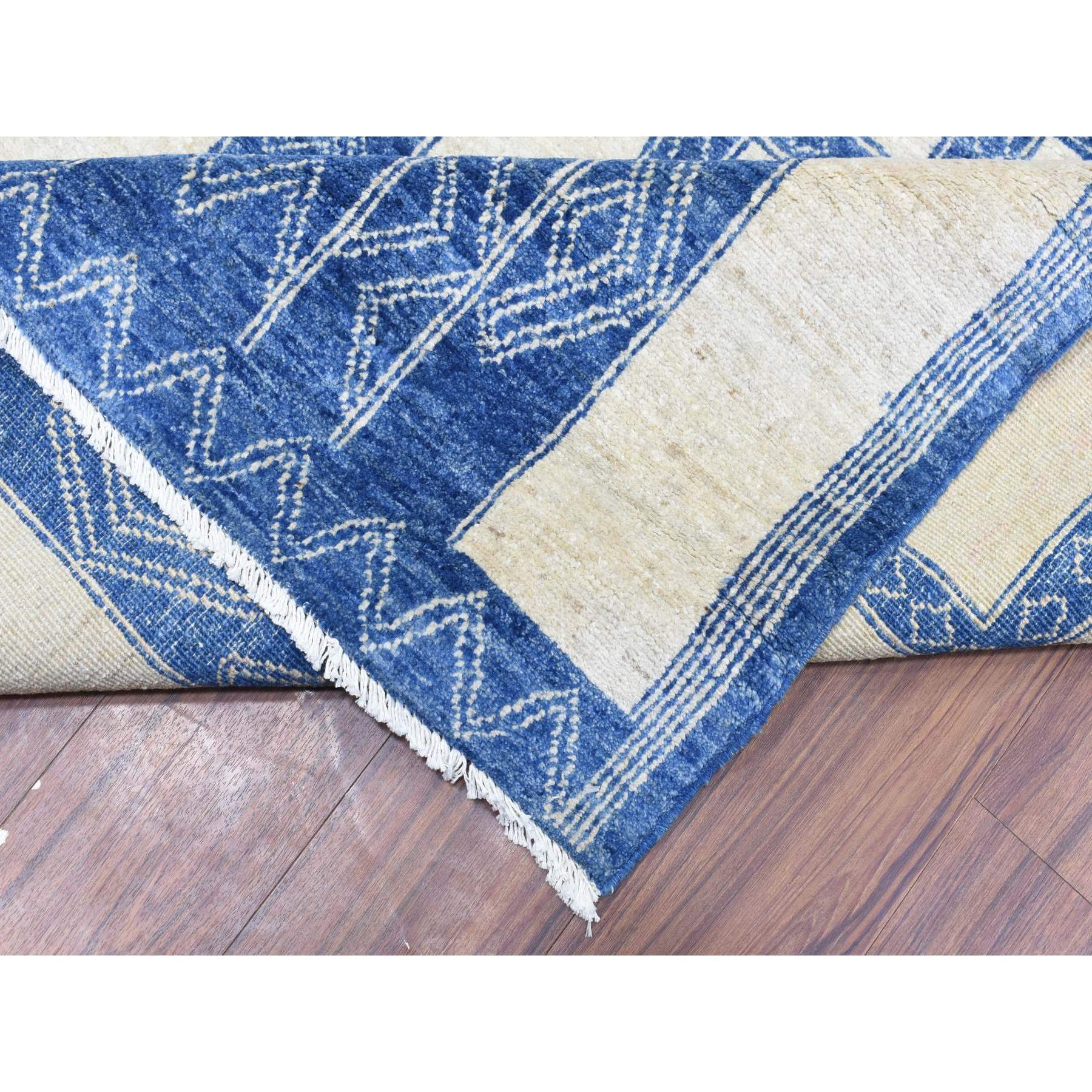 8'10"x11'8" Ivory with Denim Blue, Hand Knotted Fine Peshawar with Intricate, Geometric, Motifs, Densely Woven Soft Organic Wool, Oriental Rug HR72720 - Image 7