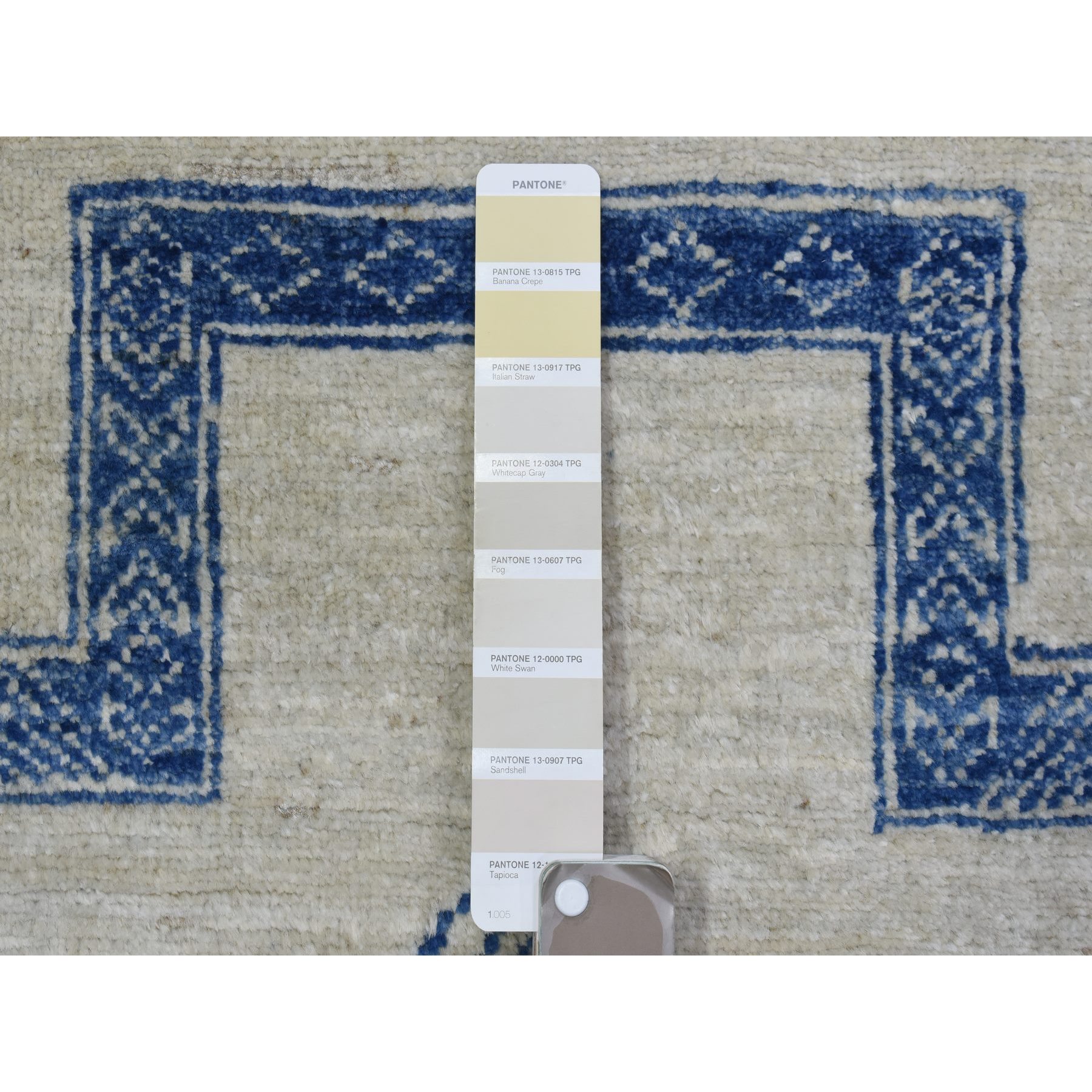 8'10"x11'8" Ivory with Denim Blue, Hand Knotted Fine Peshawar with Intricate, Geometric, Motifs, Densely Woven Soft Organic Wool, Oriental Rug HR72720 - Image 8