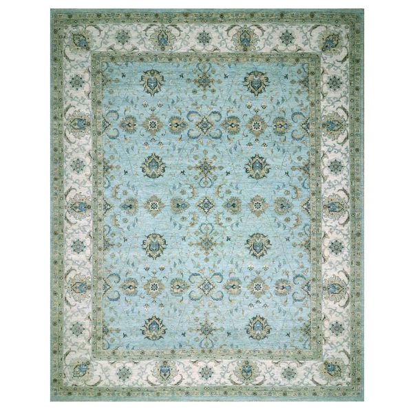 12'2"x15'3" Sapphire Blue, Agra, Shah Abbas Flower Vines Design, Vegetable Dyes, Hand Knotted, Pure Wool, Denser Weave, Oversized, Oriental Rug HR76107